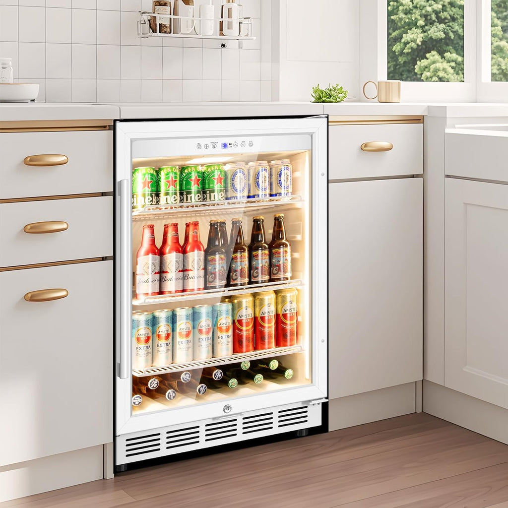Tylza Beverage Refrigerator 24 Inch, Under Counter/Freestanding Drink Fridge, 190 Cans Beverage Cooler with Glass Door, Reversible Door, Low Noise, Quick Cooling - for Beer, Soda, ETC, White