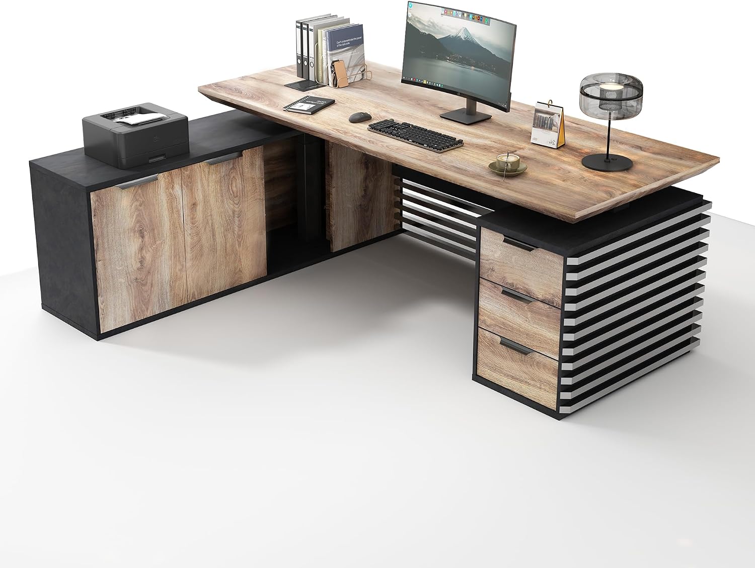 SAINTCY 78.74In L Shaped Executive Standing Desk with Drawers, Large Modern Adjustable Heigh Home Office Desk w/File Cabinet, AC/USB, Business Workstation, Black and Warm Oak
