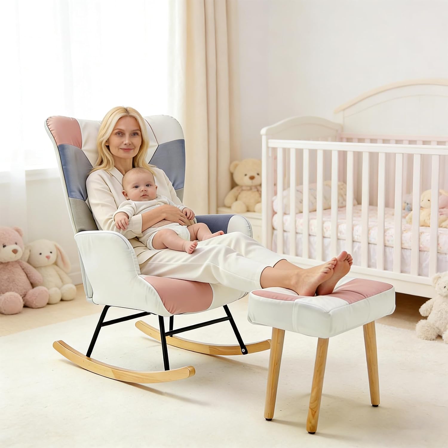 Nursery Rocking Chair, Baby Toddler Glider Rocker with Ottoman, Comfy Accent Chair, for Bedroom Living Room Small Spaces, Patchwork Velvet, Pink