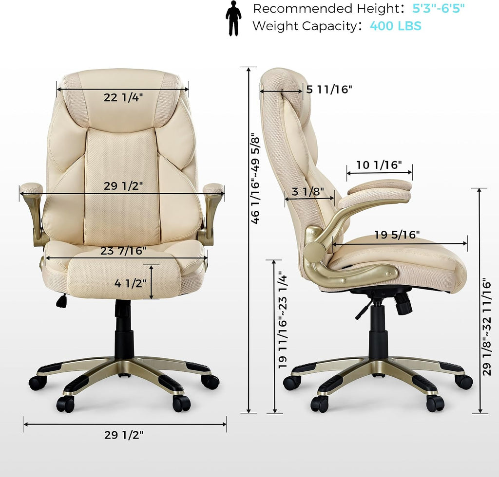EUREKA ERGONOMIC Galene Executive Office Chair Flip Up Arm Rest, Ergonomic Desk Chair Faux Leather Computer Chair, High Back Office Chair with Headrest, Home Office Desk Chairs with Wheels, Beige