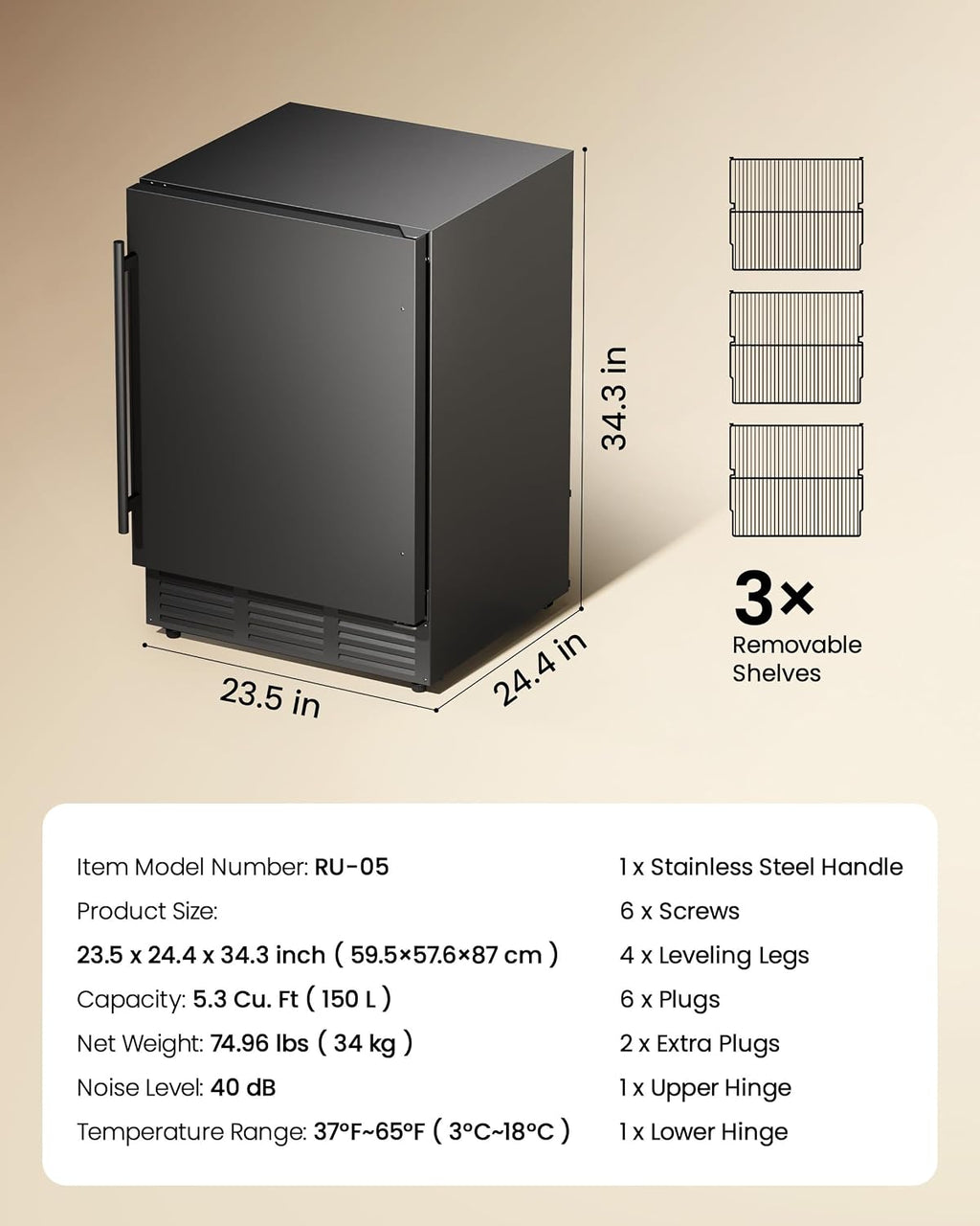 24 Inch Beverage Refrigerator, 180 Can Under Counter Fridge, Stainless Steel Beer Fridge for Built-in & Freestanding, Outdoor Refrigerator for Soda, Beer, Wine (Black)