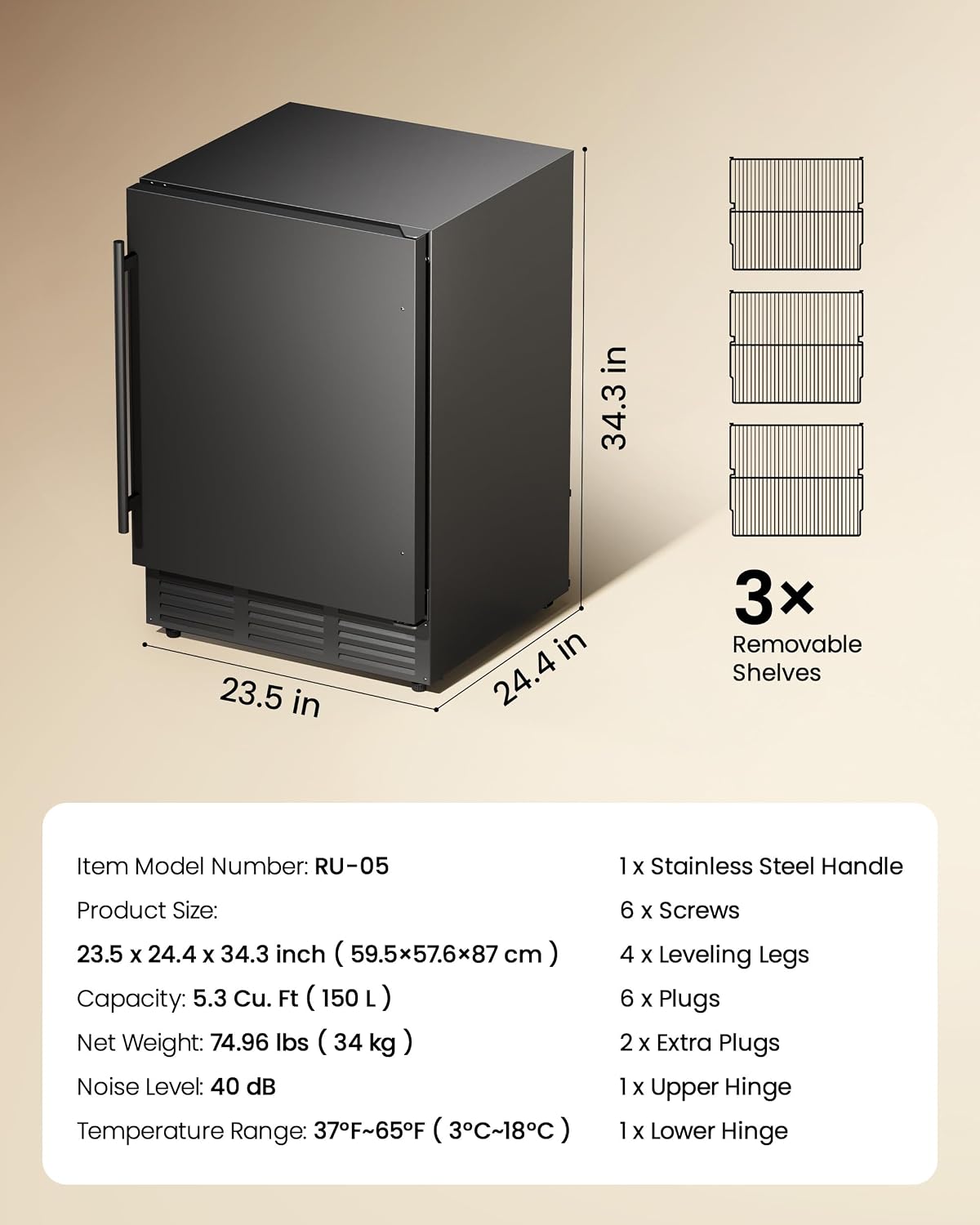 24 Inch Beverage Refrigerator, 180 Can Under Counter Fridge, Stainless Steel Beer Fridge for Built-in & Freestanding, Outdoor Refrigerator for Soda, Beer, Wine (Black)