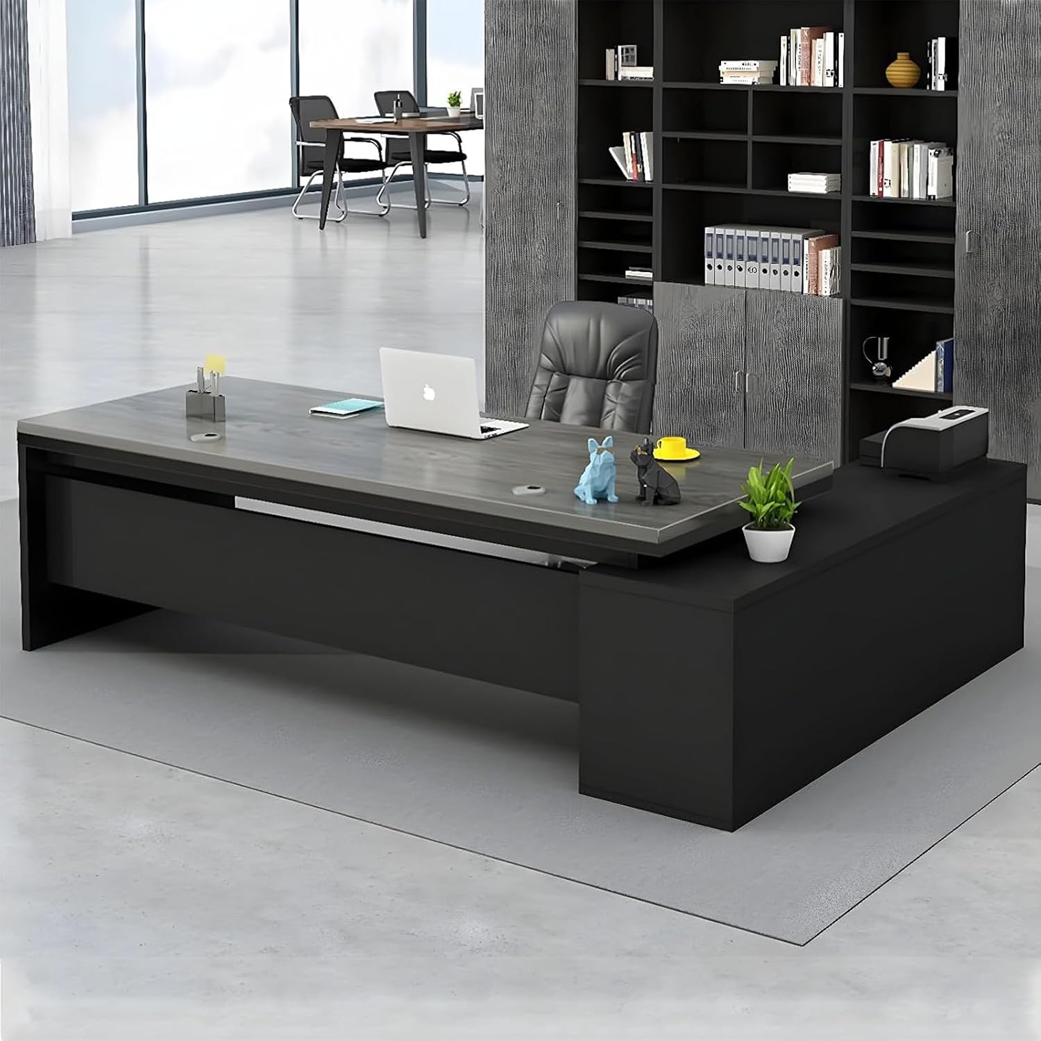 Office Computer Desk L-Shape with Wood Base, Boss Table, Home Furniture Set with Drawers and Storage Shelves, U Shaped (Black, 63' L x 32' W x 30' H)