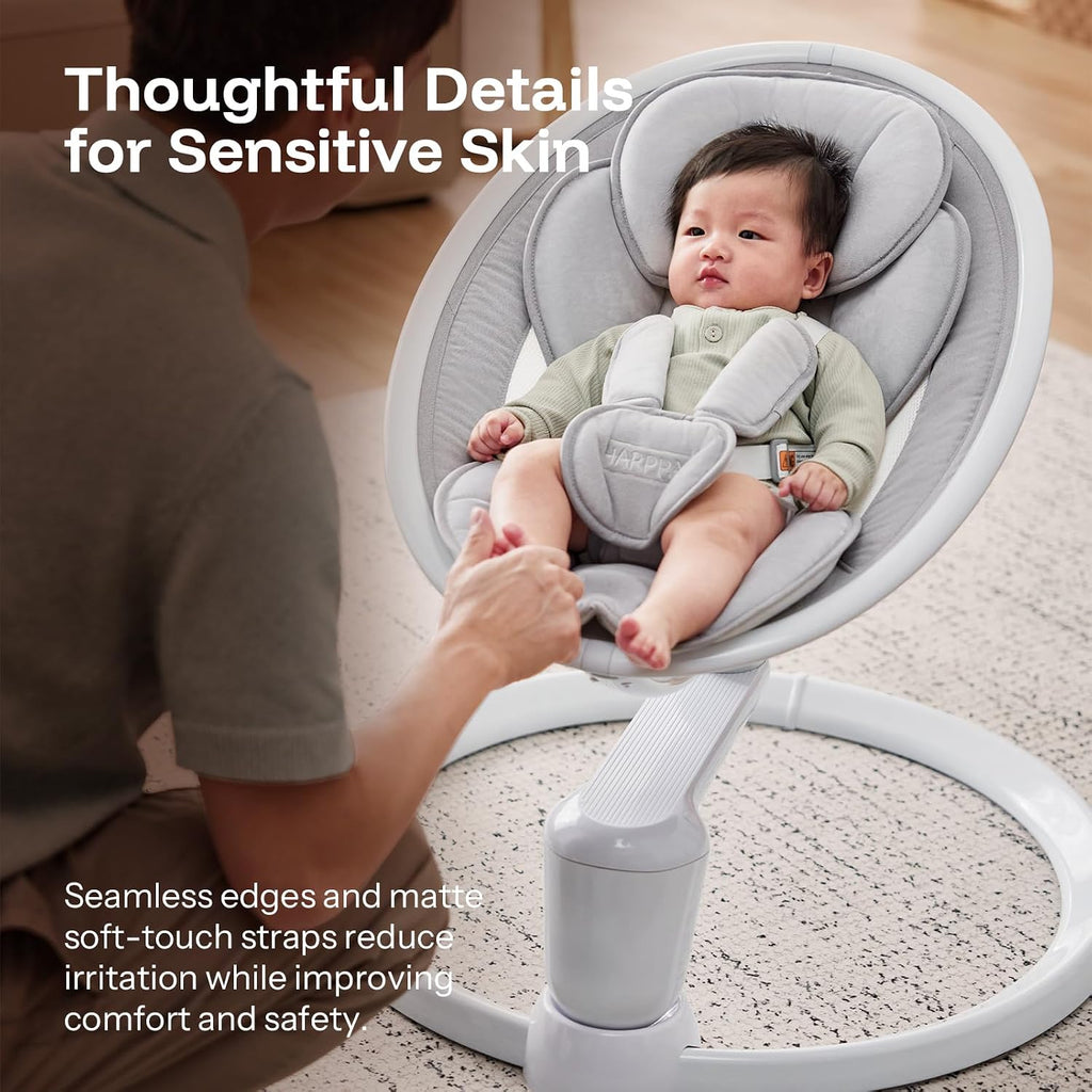 HARPPA Weddell Plus Electric Baby Swings for Infants and Newborns, Eye-Level Baby Swing 5 Speeds and Remote Control 10 Built-in Melodies, 2 Seat Positions & 180° Rotation for Indoor Use, Light Gray