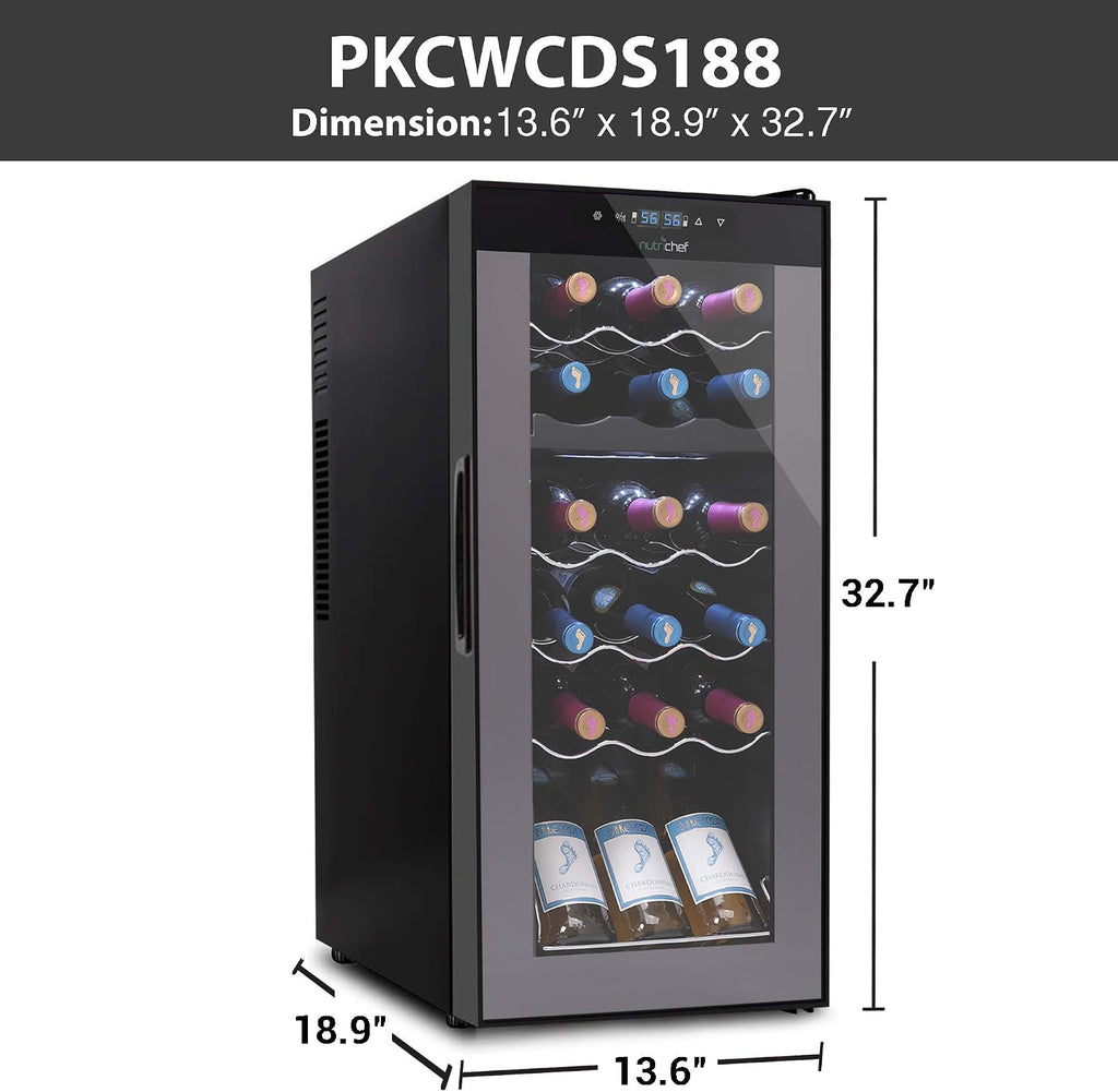 NutriChef PKCWCDS188 Freestanding Wine Fridge, 18 Bottle Dual Zone Beverage Cooler for Home & Office, 32x13x19 inches, Adjustable Temp 41-64F, Black
