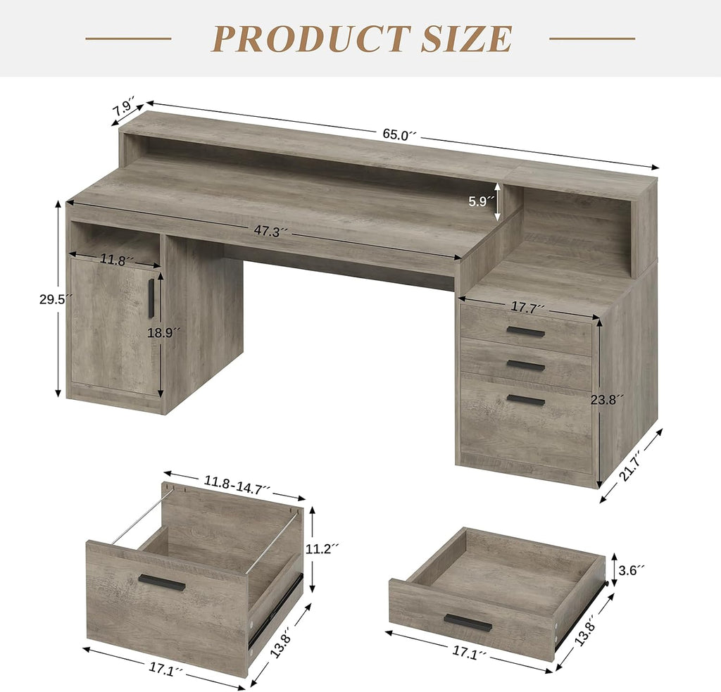 YOMILUVE Executive Computer Desk with 3 Drawers & Storage Shelves, 65 Inch Home Office Desk with File Drawer & Cabinet, Writing Study Desks with Monitor Stand & Printer Shelf, Executive Desk, Grey