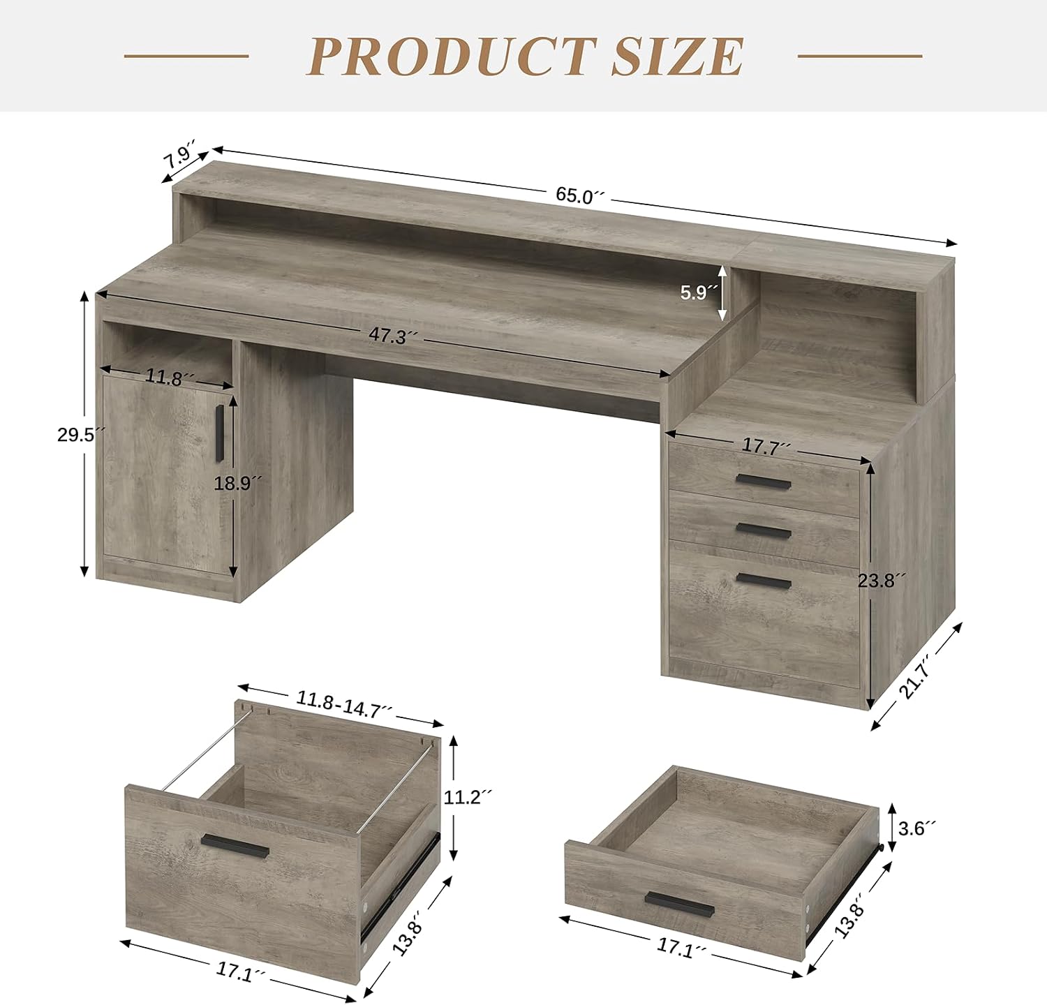 YOMILUVE Executive Computer Desk with 3 Drawers & Storage Shelves, 65 Inch Home Office Desk with File Drawer & Cabinet, Writing Study Desks with Monitor Stand & Printer Shelf, Executive Desk, Grey