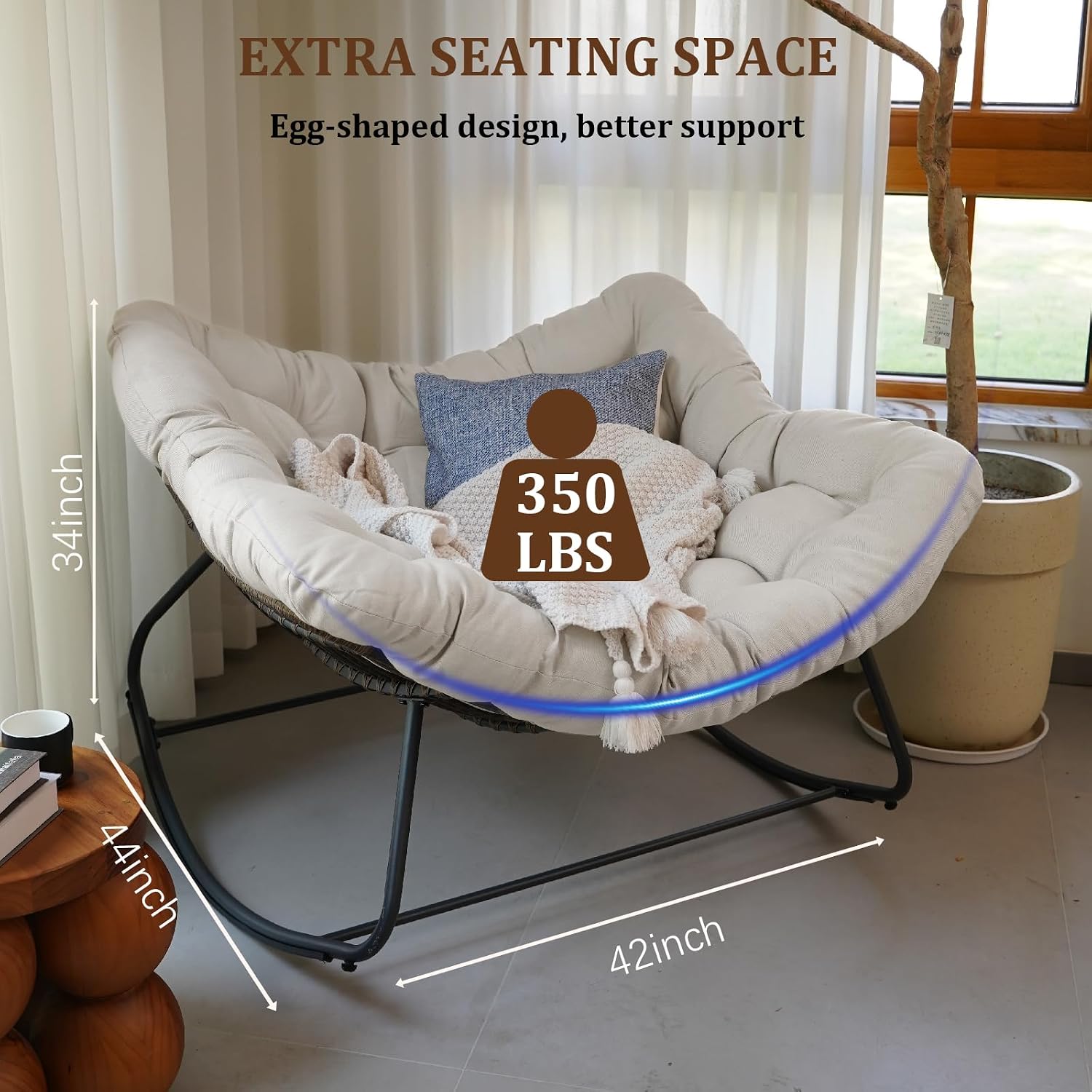Rocking Papasan Chair, Oversized Outdoor Rocking Chair Rattan Rocking Chair with Deep Seat Thick Cushion, Patio Rocking Chair for Indoor/Porch/Garden (Beige & Black), Spring, 2026