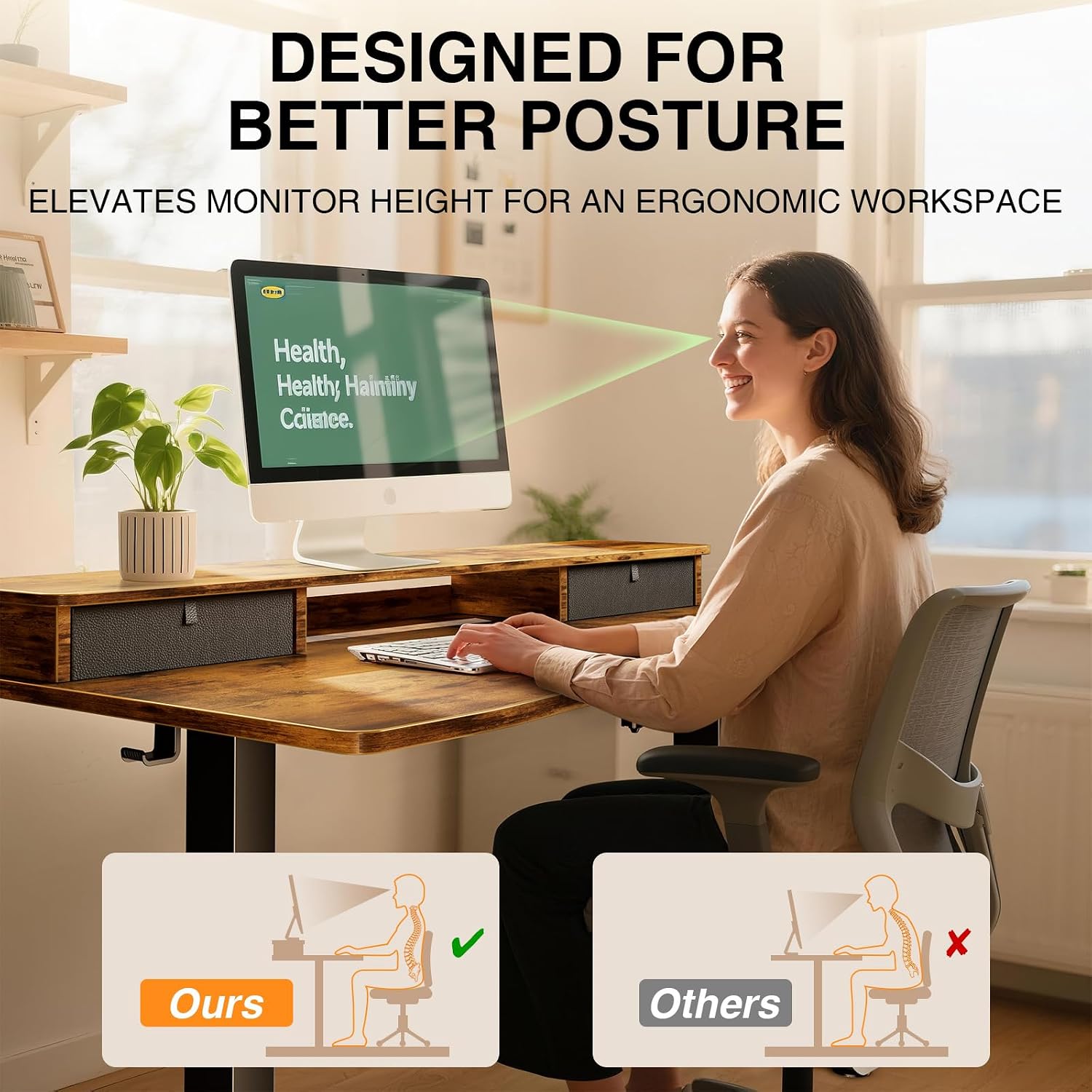 Veken 47.2'×27.6' Standing Desk with Storage Drawers, Adjustable Height Computer Table with Monitor Shelf, Home Office Desk for Study, Gaming, Workstation, Brown