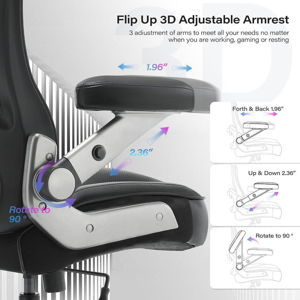 600lbs Big and Tall Office Chair- Heavy Duty Executive Computer Chair with 3D Flip Arms Large Wheels, Ergonomic Mesh High Back Desk Chair, Extra Wide Seat Adjustable Lumbar Support&Headrest
