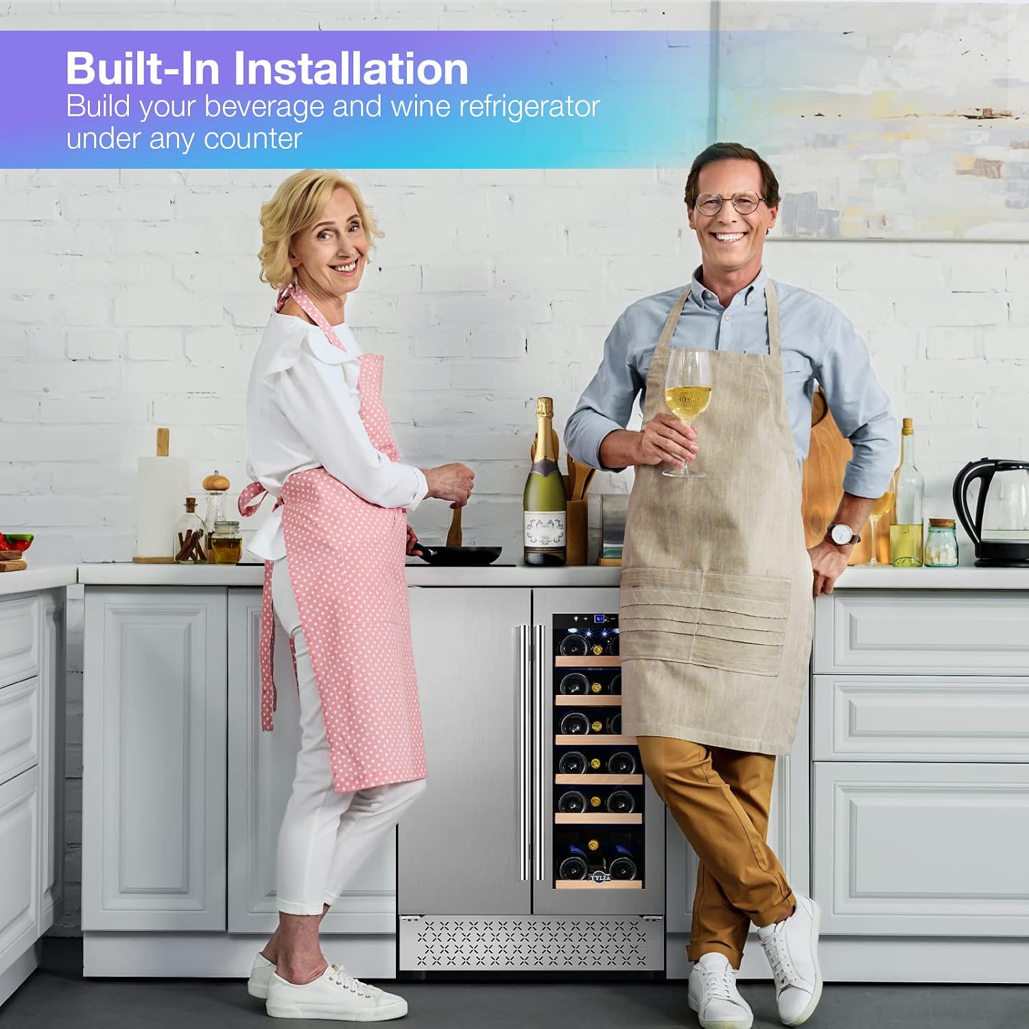Tylza Wine and Beverage Refrigerator, 24 Inch Dual Zone Wine Beverage Cooler, Holds 20 Bottles and 88 Cans, Built-In and Freestanding, Seamless Glass Door, Under Counter Beer Wine Refrigerator