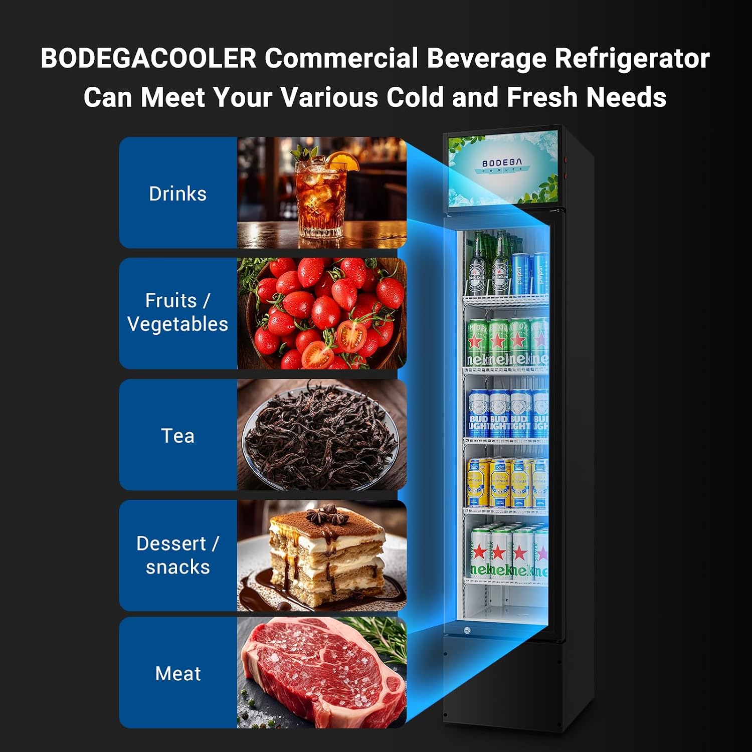 BODEGACOOLER Commercial Merchandiser Refrigerator, 5.7 Cu.Ft Single Swing Glass Door Beverage Cooler, Upright Display Refrigerator with Soft LED Light, Adjustable Shelves, Black