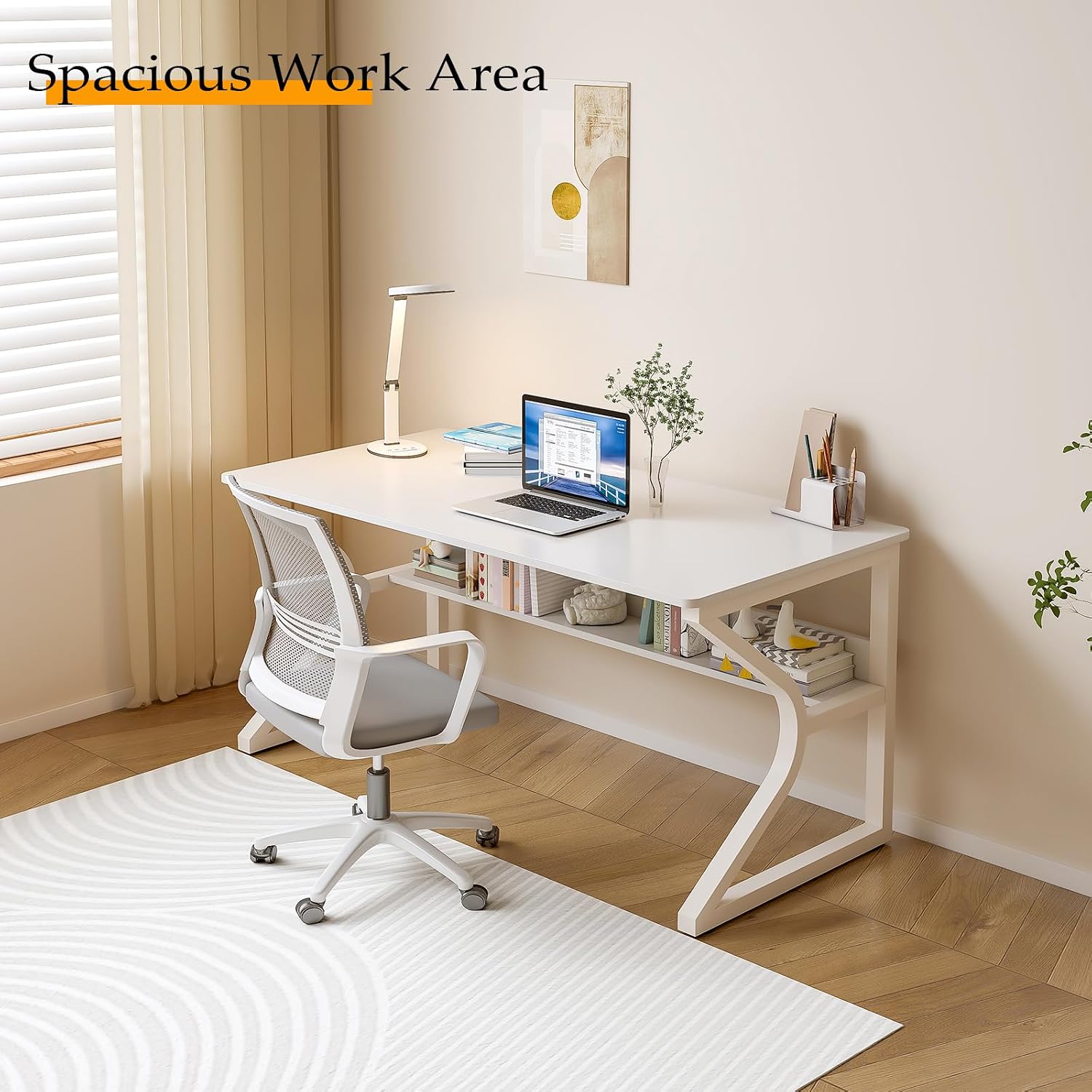 OSCHF Office Desk with Storage Shelf - 47.3' Long Writing Table for Single-Person Workstation, Modern Study Gaming Computer Desk, Warm White