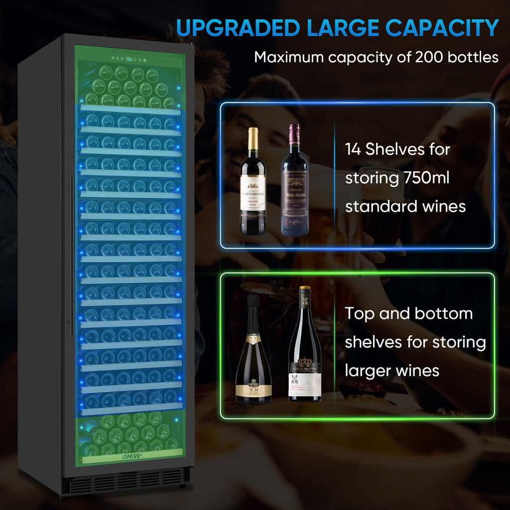 Large Wine Fridge, 200 Bottles Wine Fridge with Fast Cooling and Intelligent Temperature Memory, Wine Cooler Refrigerator Freestanding or Built-in, Tall Wine Refrigerator with Glass Door, Black