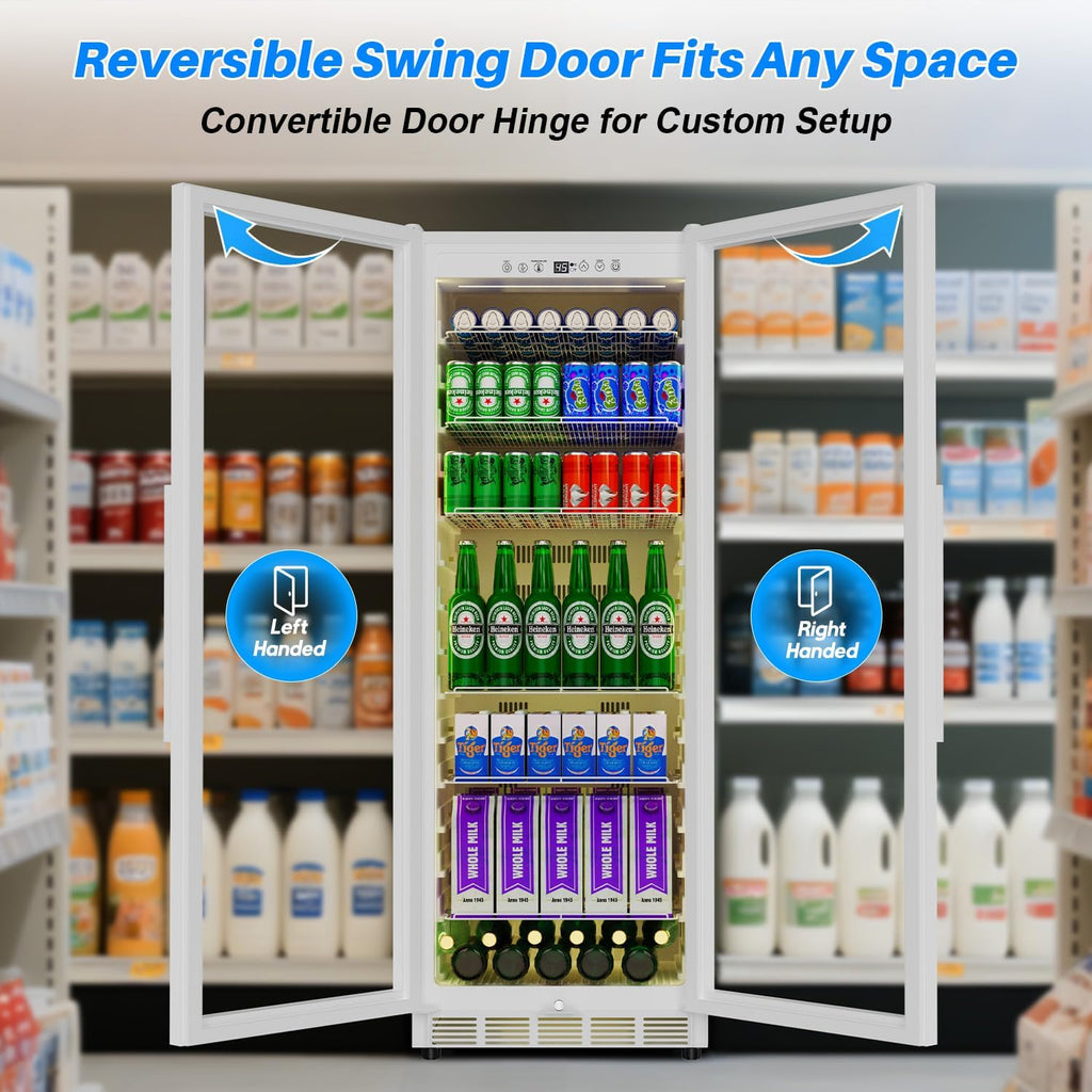 Velivi Commercial Display Beverage Fridge: 13.8 Cu Ft Upright Cooler with Glass Door, LED Lighting, Low Noise, and Rapid Cooling for Restaurants, Shops, and Offices (White)