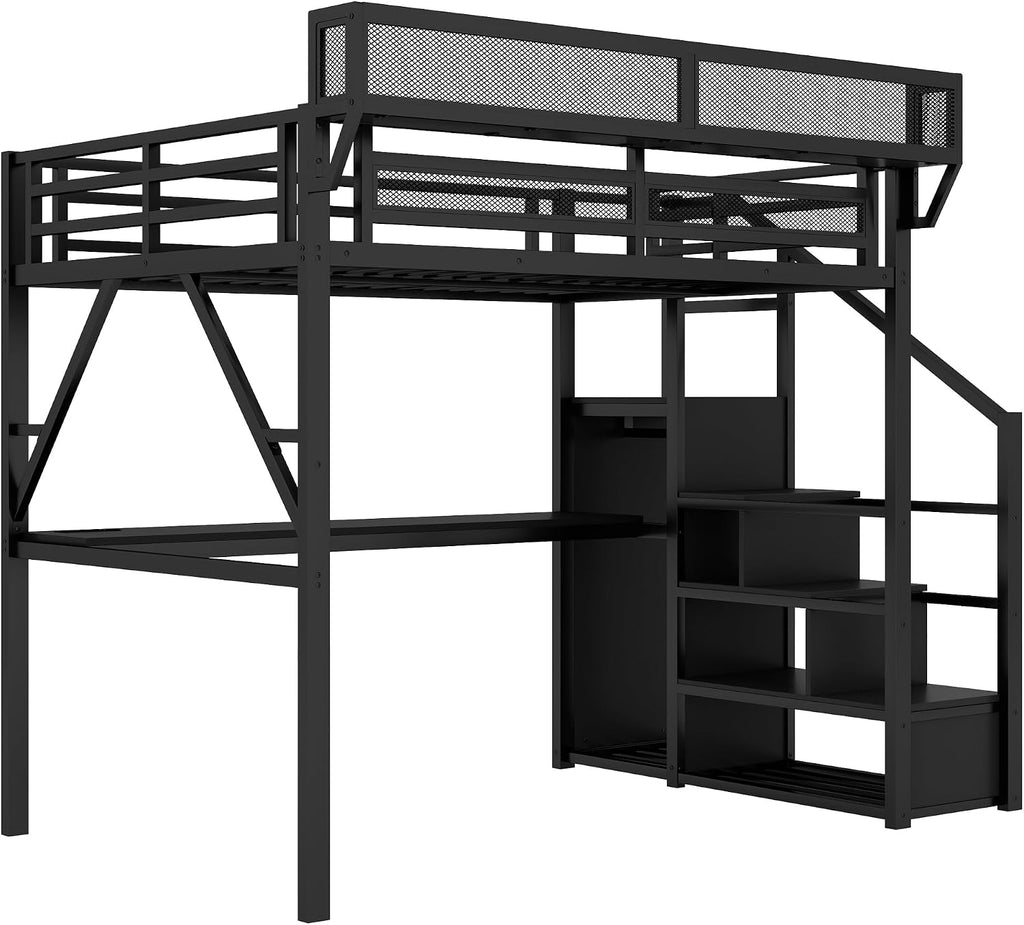 Queen Loft Bed with Desk and Stairs, Metal Lofts Bed Queen Size with Upper Storage Shelf, Gaming LoftBed with LED, Charging Station and Wardrobe for Teens, Adults,Black and Black Stairs