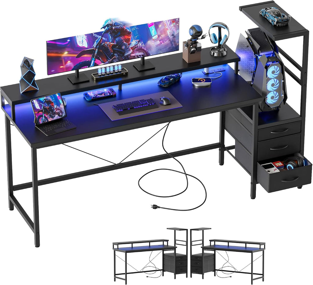 Mericonia Gaming Desk with Power Outlets & LED Lights, Reversible Computer Desk with PC Case Stand, Fabric Drawers, Modern Office Desk with Shelves, Monitor Stand