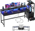 Mericonia Gaming Desk with Power Outlets & LED Lights, Reversible Computer Desk with PC Case Stand, Fabric Drawers, Modern Office Desk with Shelves, Monitor Stand