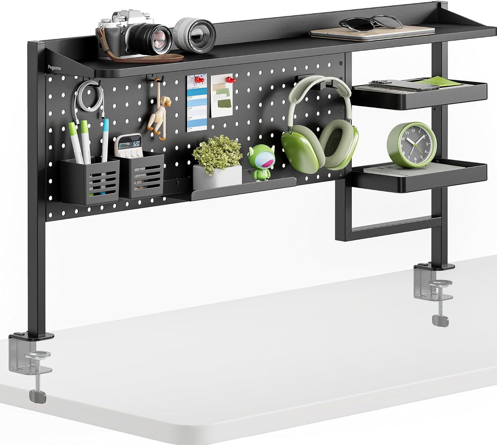PEGZONE Clamp on Desk Shelf, 44' Desktop Shelving System with Pegboard and Accessories, Desktop Organizer with 2-Tier Shelf, Desk Pegboard for Office Home Gaming, Black