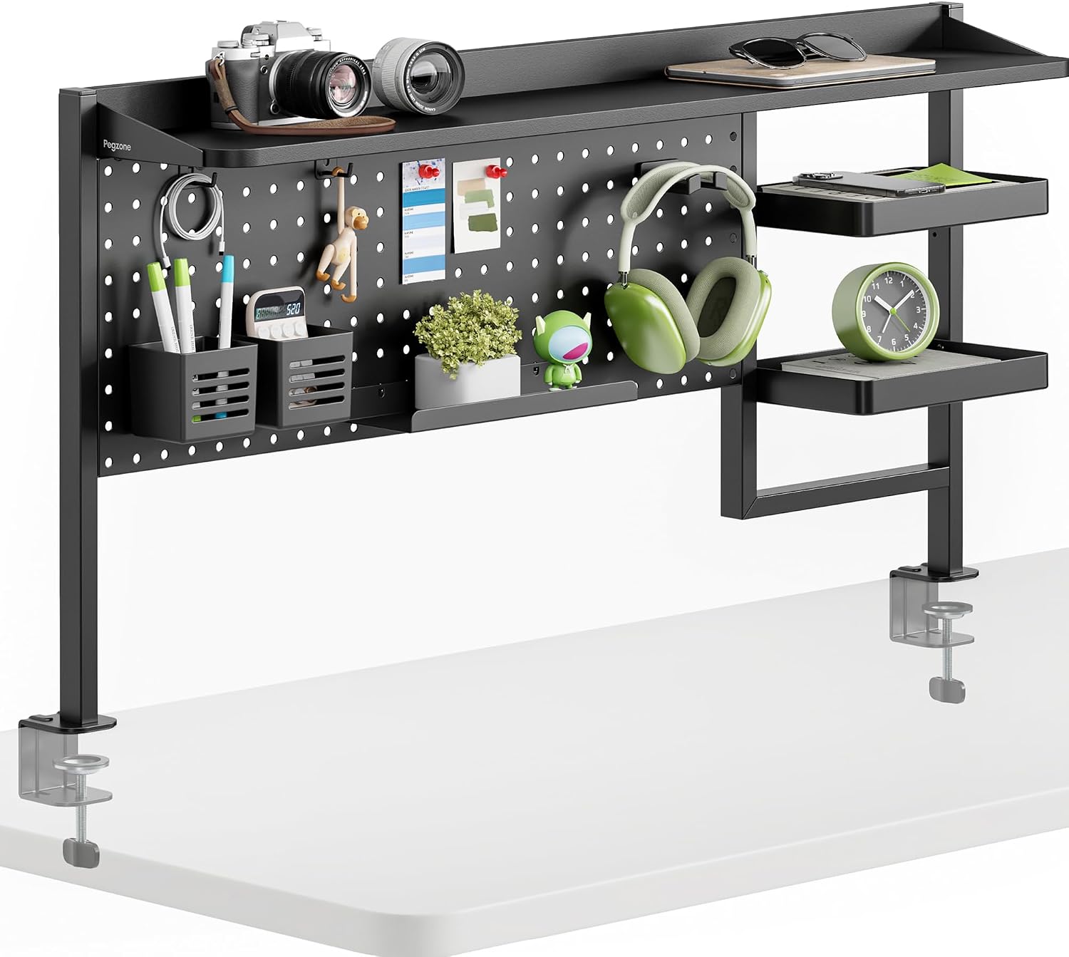 PEGZONE Clamp on Desk Shelf, 44' Desktop Shelving System with Pegboard and Accessories, Desktop Organizer with 2-Tier Shelf, Desk Pegboard for Office Home Gaming, Black