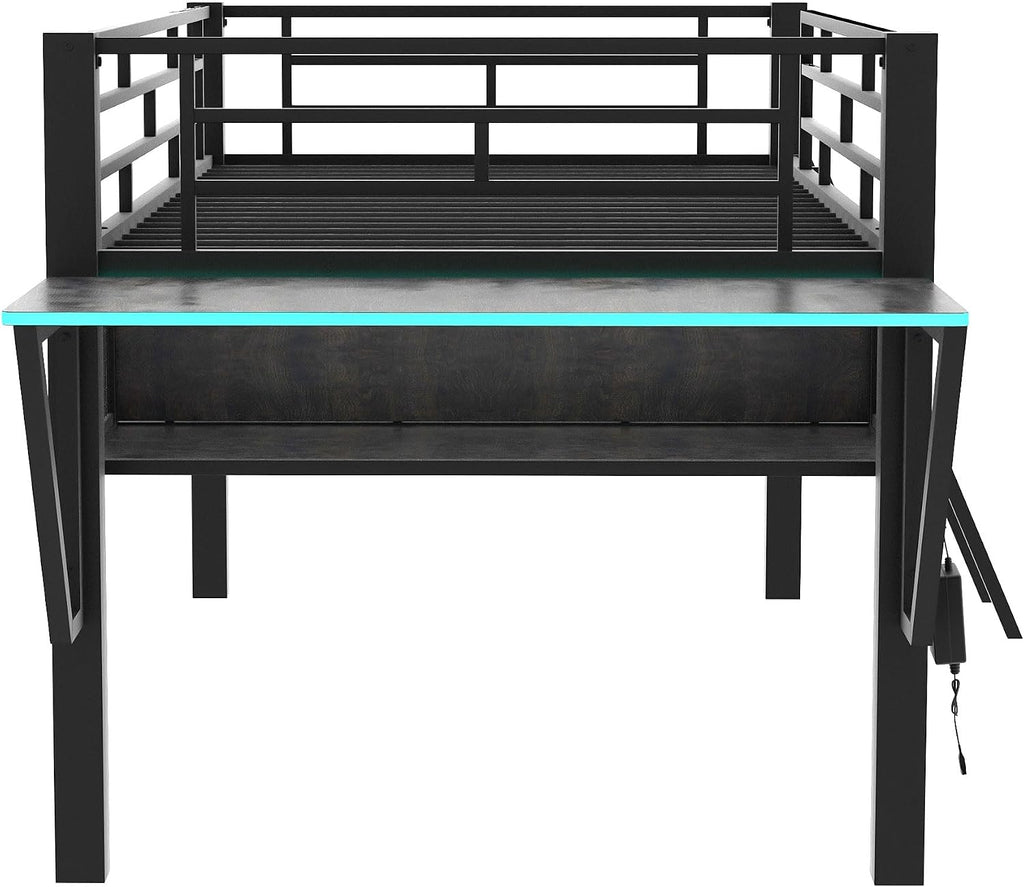 SOFTSEA Twin Size Low Loft Bed with Desk & LED Light, Metal Gaming Loft Bed with Desk and Storage Space for Kids Teens, Black
