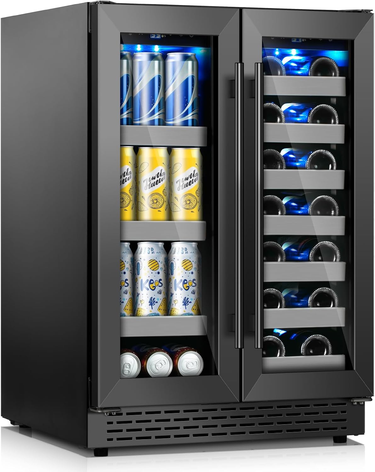 24 Inch Black Dual Zone Wine Fridge,20 Bottle & 88 Cans Wine and Beverage Refrigerator with Glass Door,Undercounter&Freestanding Stainless Steel Handle Wine Cooler Refrigerator for Home,Party