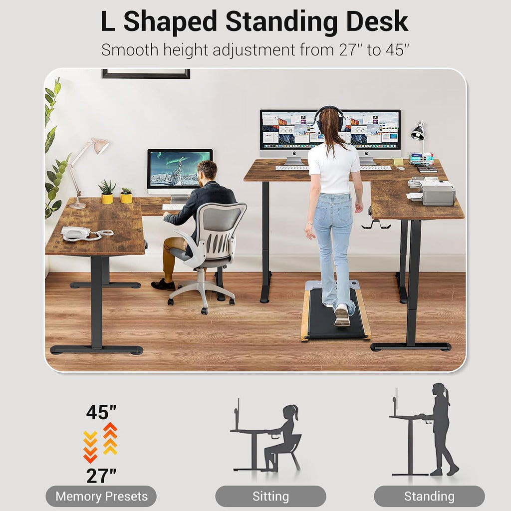 63' L Shaped Standing Desk,Electric Height Adjustable Corner Stand Up Desk, Ergonomic Sit Stand Home Office Computer Desk with Splice Board (Brown)
