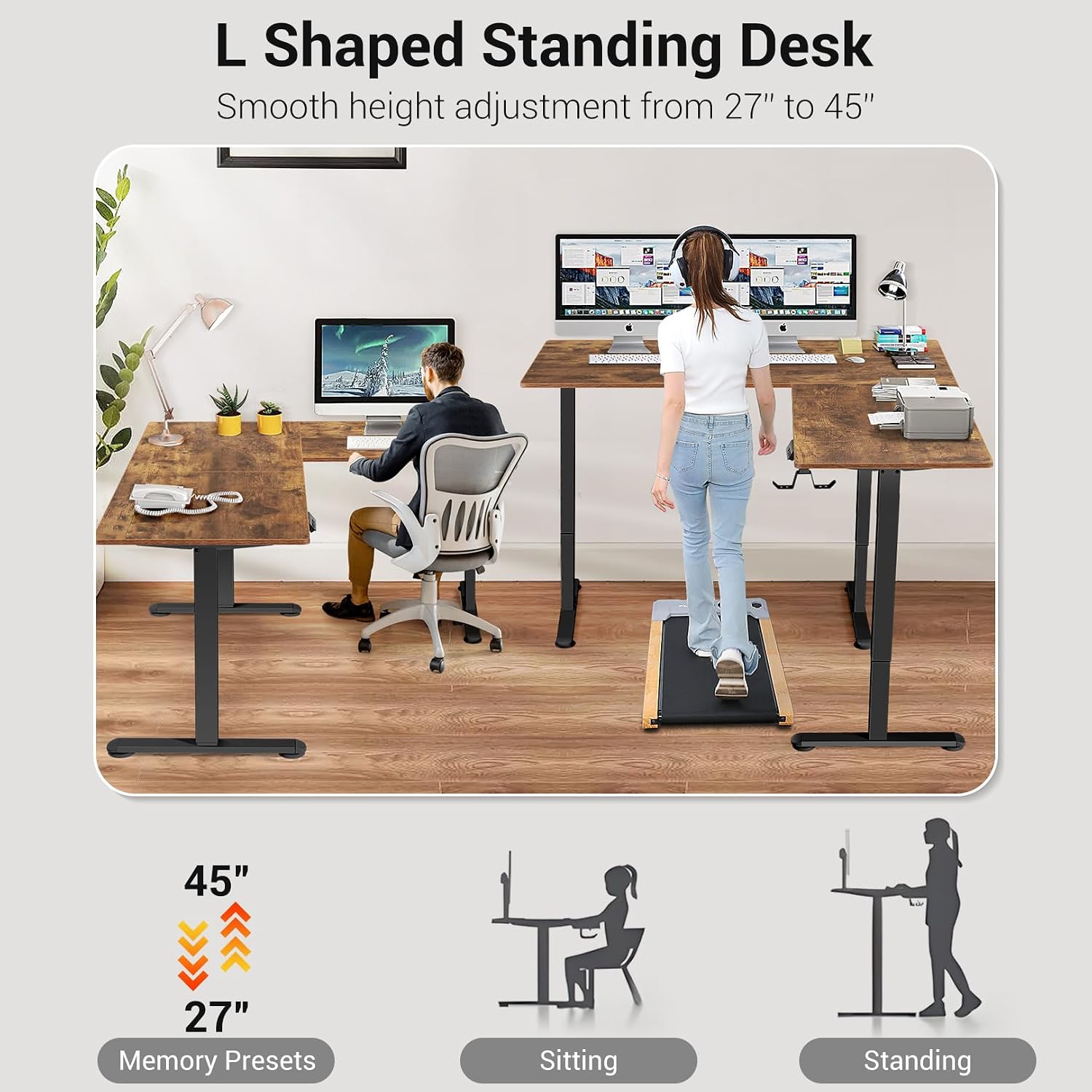 63' L Shaped Standing Desk,Electric Height Adjustable Corner Stand Up Desk, Ergonomic Sit Stand Home Office Computer Desk with Splice Board (Brown)