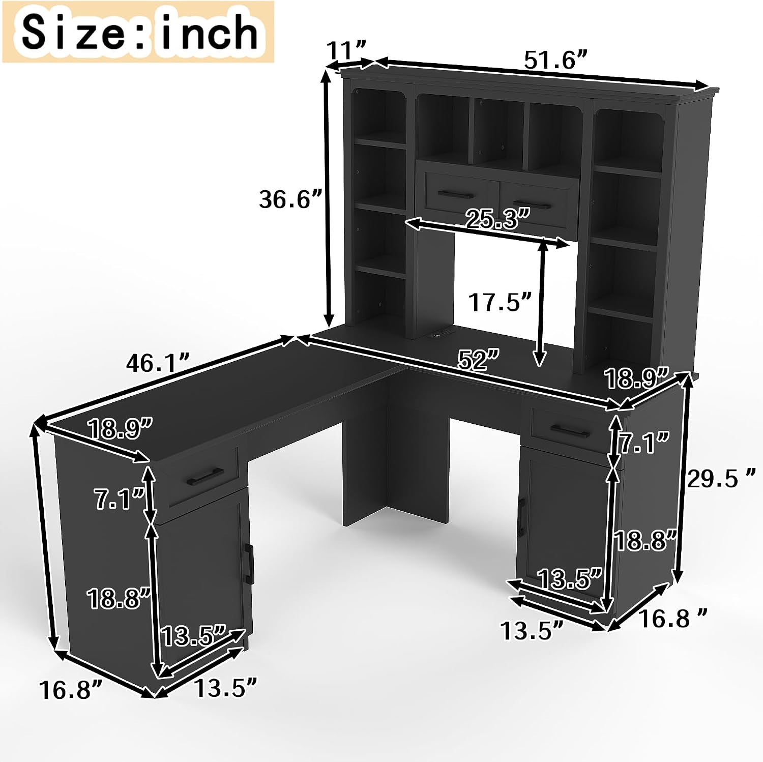Bellemave L-Shaped Computer Desk with Drawers, Hutch and Bookshelf, Home Office Desk, Corner Gaming Computer Desk with Power Outlet, Study Table Writing Desk, Black
