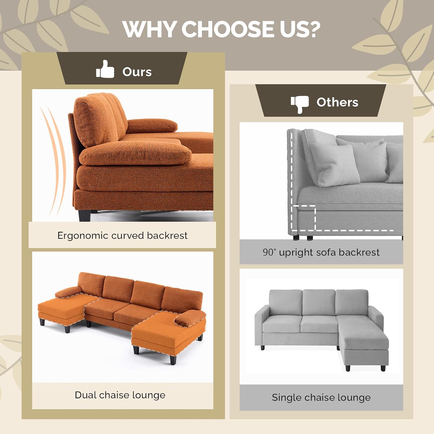 VINGLI 110' U-Shaped Sectional Couch with Two Chaise, Affordable Small Sofa with 4 Seats, Chenille Fabric Comfy Couches for Living Room, Orange