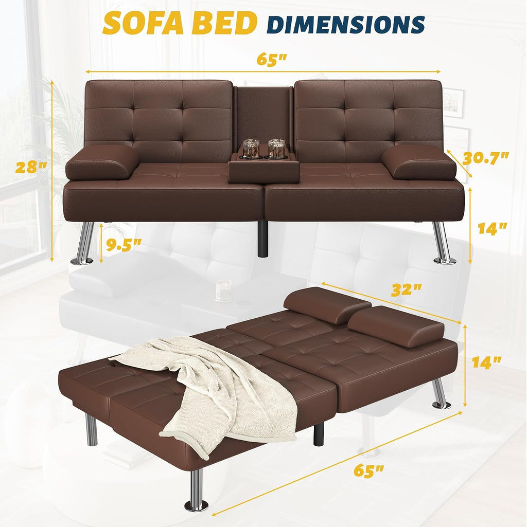 Furmax Futon Sofa Bed Adjustable Futon Couch Sleeper Sofa Bed for Living Room, Business Office, Recliner Sofas with Cup Holders (PU Leather, Brown)