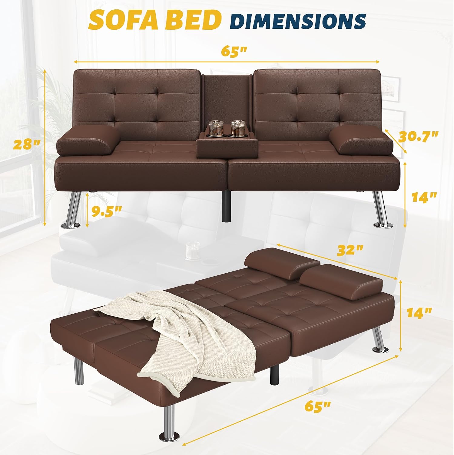Furmax Futon Sofa Bed Adjustable Futon Couch Sleeper Sofa Bed for Living Room, Business Office, Recliner Sofas with Cup Holders (PU Leather, Brown)