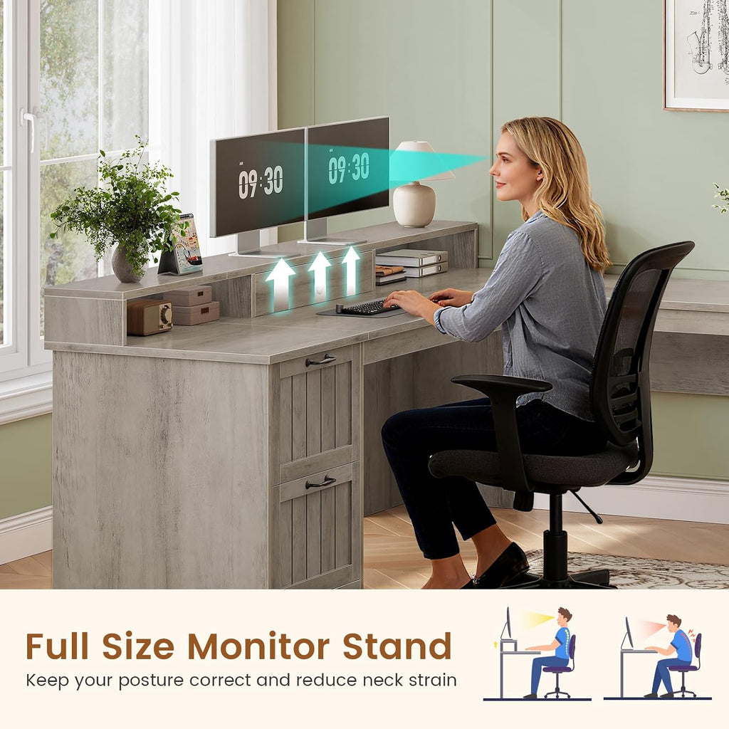 SEDETA 63' L Shaped Desk with Drawers, Farmhouse Corner Computer Desk, Wood Office Desk with File Drawers with Storage, Executive Desk with Monitor Stand and Storage Cabinet, Grey