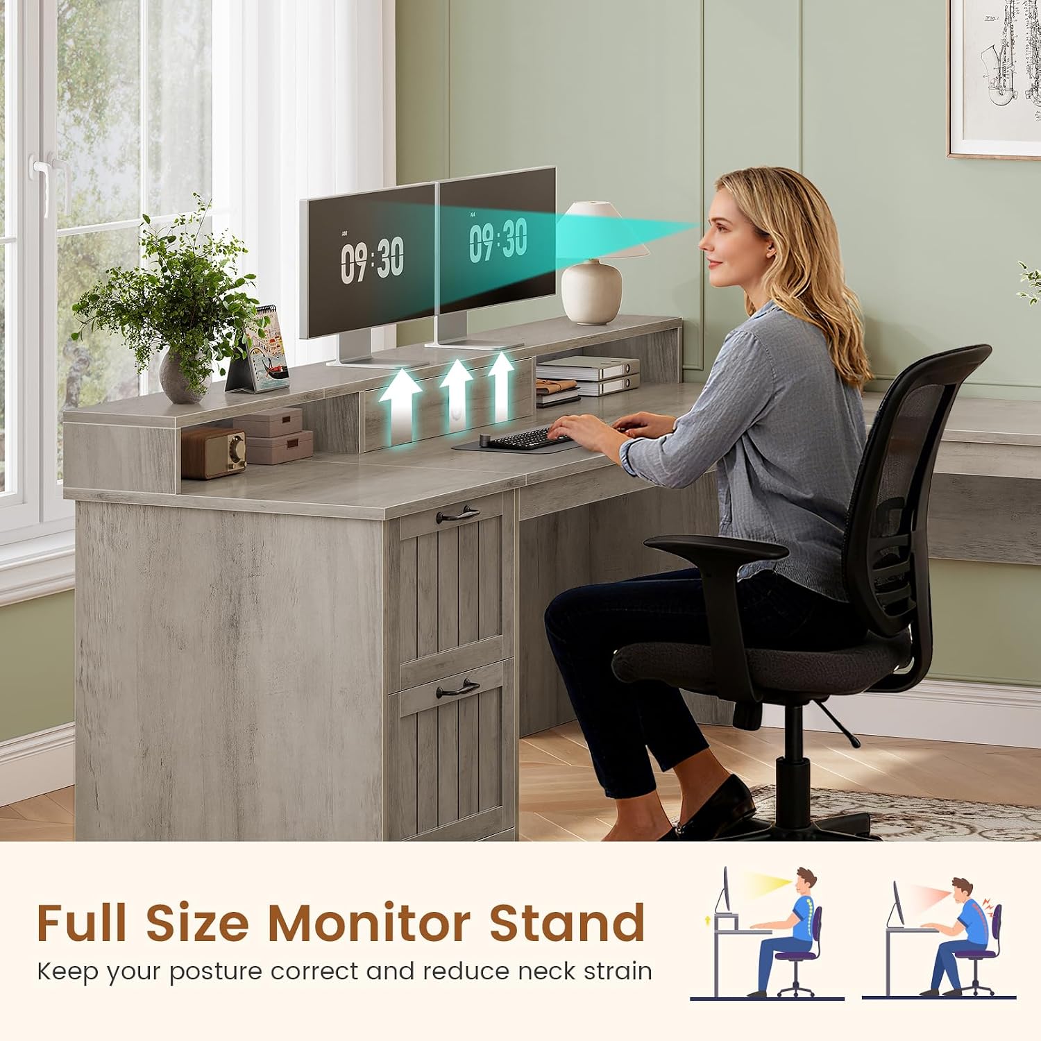 SEDETA 63' L Shaped Desk with Drawers, Farmhouse Corner Computer Desk, Wood Office Desk with File Drawers with Storage, Executive Desk with Monitor Stand and Storage Cabinet, Grey