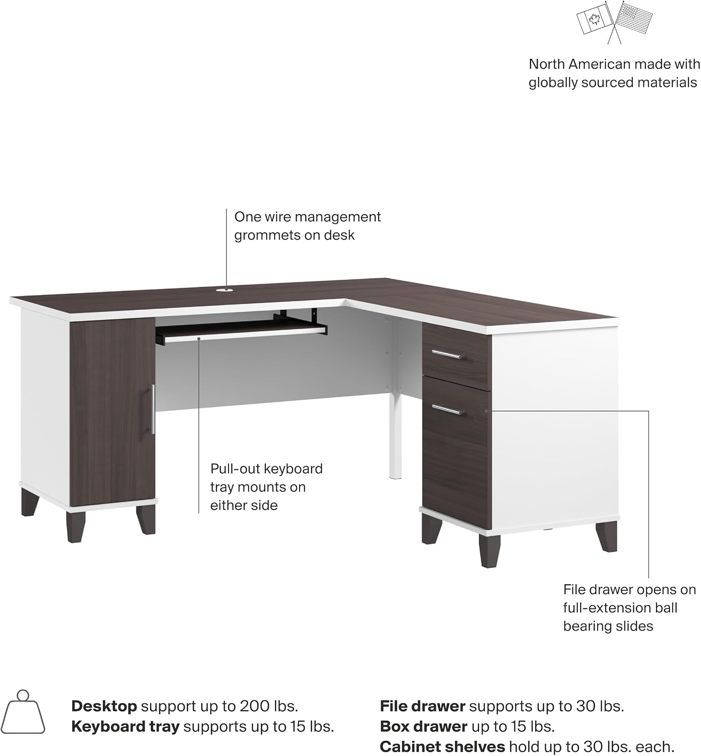 Bush Home 60-Inch L-Shaped Desk with Storage, Corner Computer Office Desk with Drawers and Storage Cabinet, Home Office Furniture, Somerset Collection, Storm Gray and White