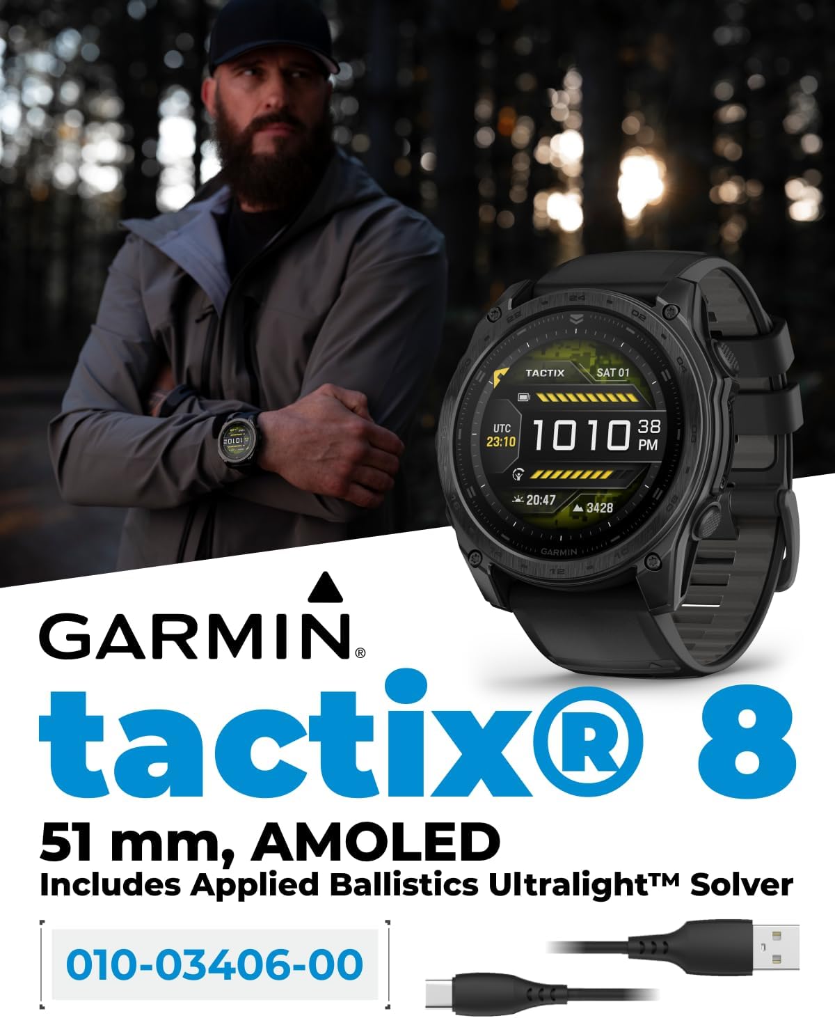Garmin Tactix 8, 51mm AMOLED Display, Titanium Bezel, Sapphire Lens, Premium Tactical GPS Smartwatch, Includes Applied Ballistics Ultralight Solver, 40M Dive Rating w/Wearable4U Black Earbuds Bundle