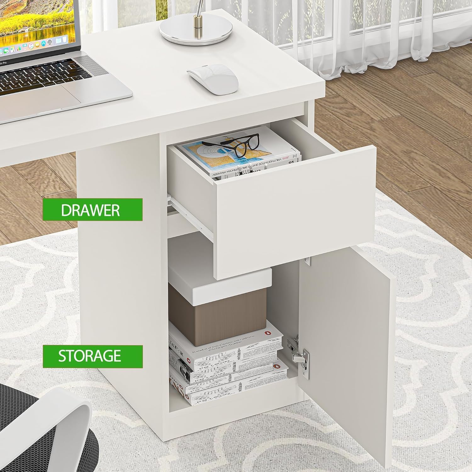 furtble White Desk with Drawers, 47 Inch Small Cute Desk for Bedroom, Home Office PC Desks Workstation Study Table Desks with Storage, White