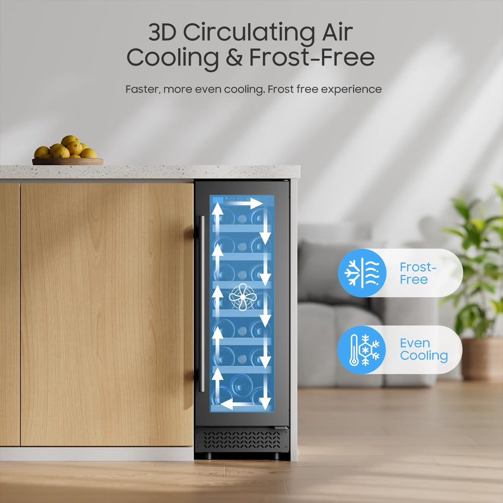 12' Wine Cooler Refrigerator 21 Bottle Wine Fridge Built-in or Freestanding with Double-Layer Tempered Glass Door Compressor quick cooling, Low Noise