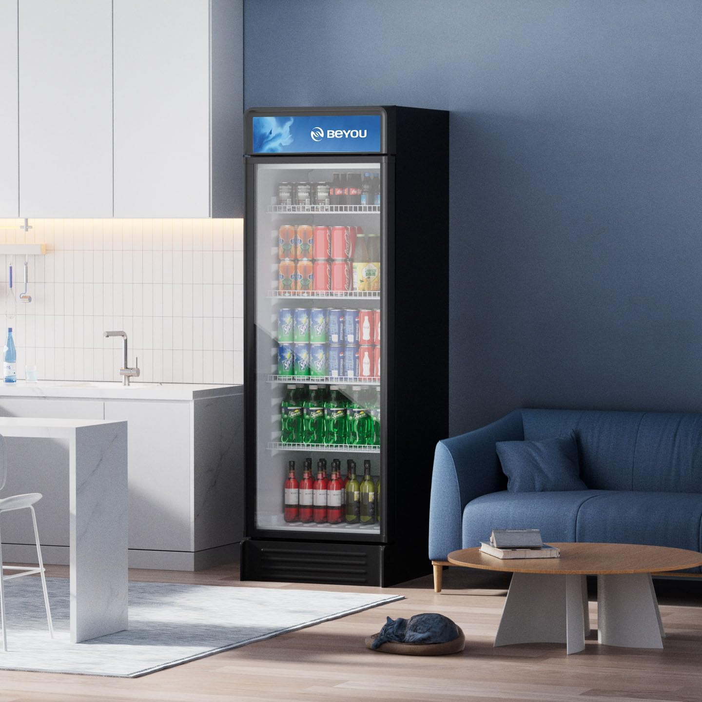 BEYOU Commercial Beverage Refrigerator, 9.7 cu. Ft Upright Dispaly Merchandiser with Single Glass Door, Drink Cooler for Living Room,Bar, Garage（Black）