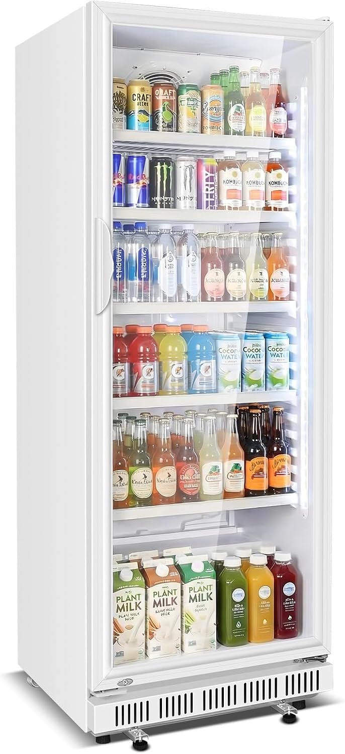 Velivi Commercial Beverage Refrigerator, 24.5' Glass Door Display Fridge, 15 Cu.Ft Beverage Cooler with 5 Adjustable Shelves, Auto Rebound Door, Low Noise, for Shops, Restaurants & Bars WHITE
