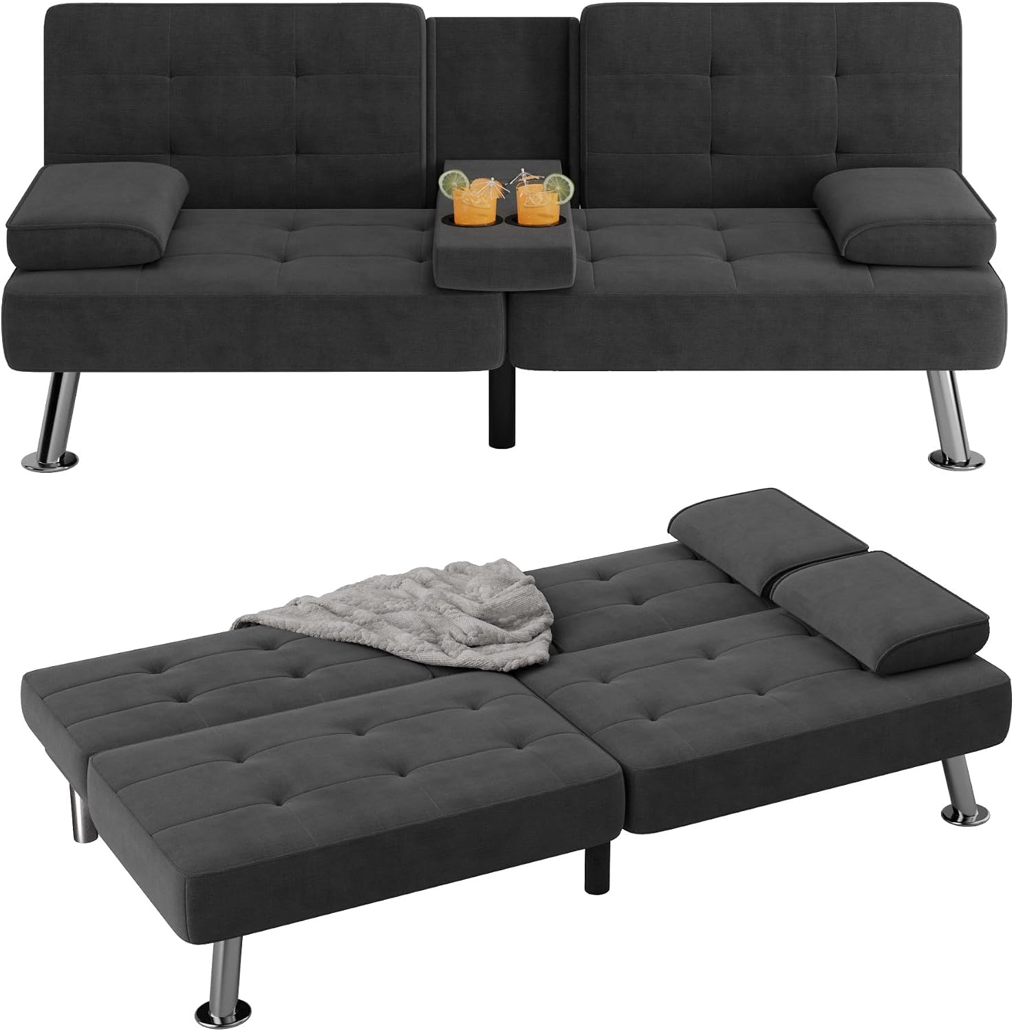 Flamaker Futon Sofa Bed Modern Folding Futon Set Linen Fabric Convertible Recliner Lounge for Living Room with 2 Cup Holders, Removable Armrests (Fabric, Carbon Black)