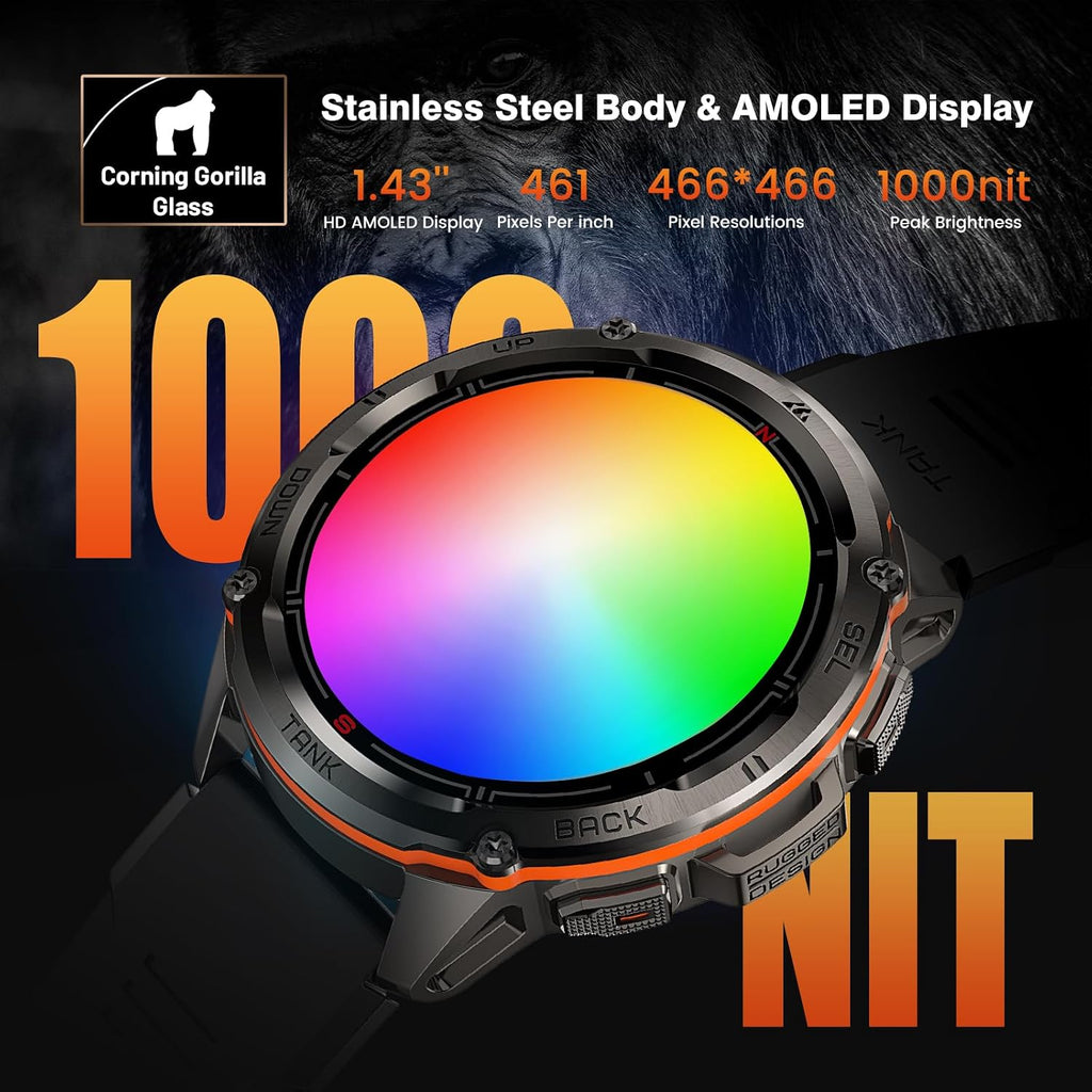 AMAZTIM GPS Smart Watch for Men, 6 Satellite Positioning, Compass, Stainless Steel Body, 50M Waterproof, 470mAh Extra-Large Battery, Answer/Make Call, 1.43' AMOLED Screen, Compatible for Android iOS