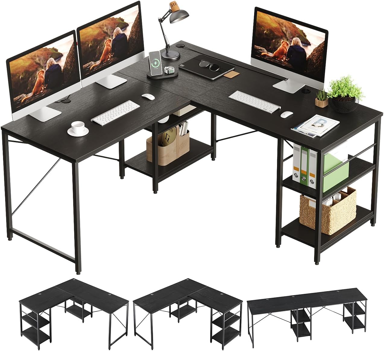 Bestier 95.2' L Shaped Desk, Reversible Corner Computer Desk or 2 Person Long Table with Adjustable Shelves, Large Writing Study Workstation with 3 Cable Holes - Black