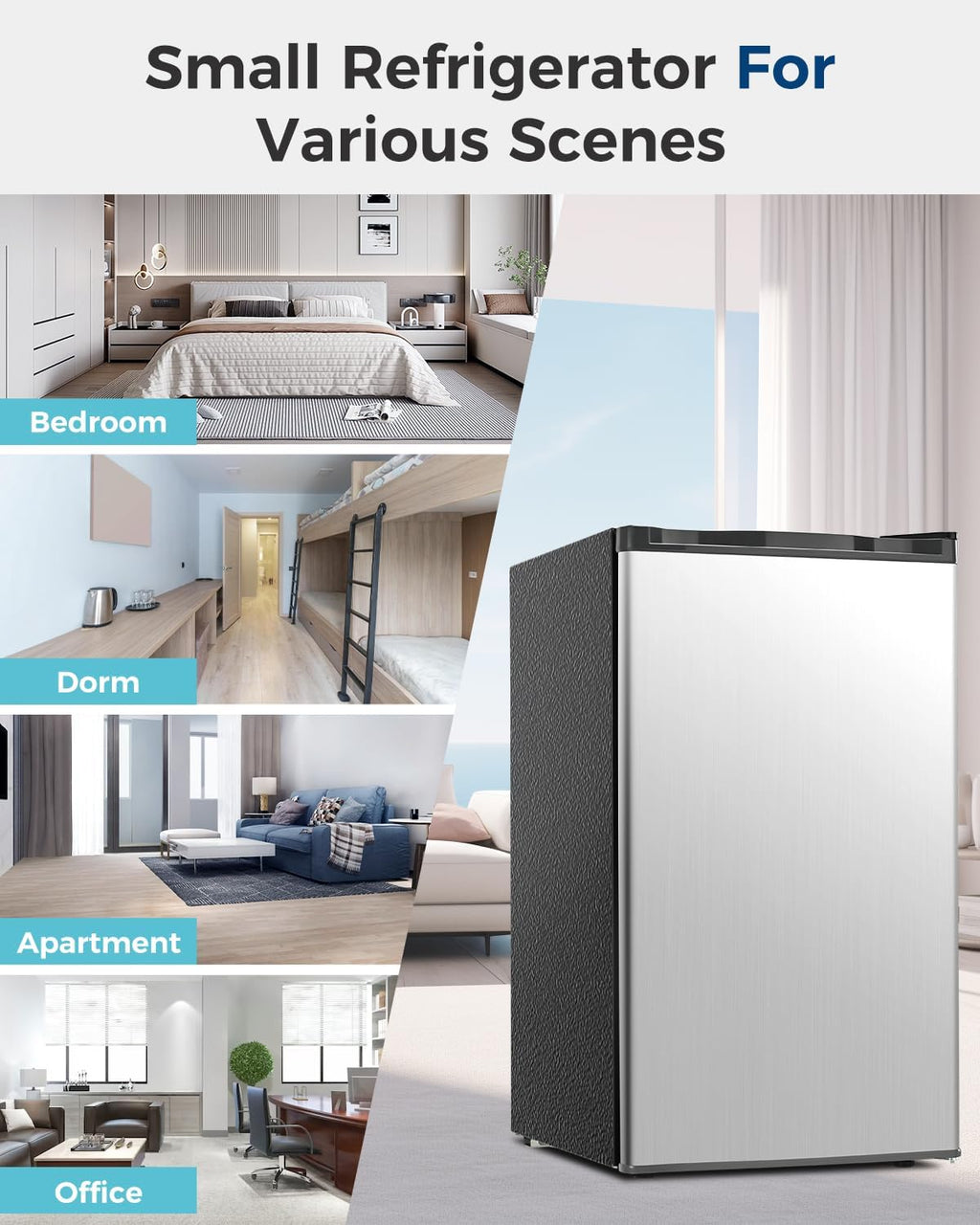 Feelfunn Mini Fridge with Freezer - 3.2 Cu.Ft Single Door Mini Refrigerator with Adjustable Thermostat, Energy Saving, Low Noise, Small Fridge for Bedroom, Office, Dorm, Apartment, Classroom - Silver