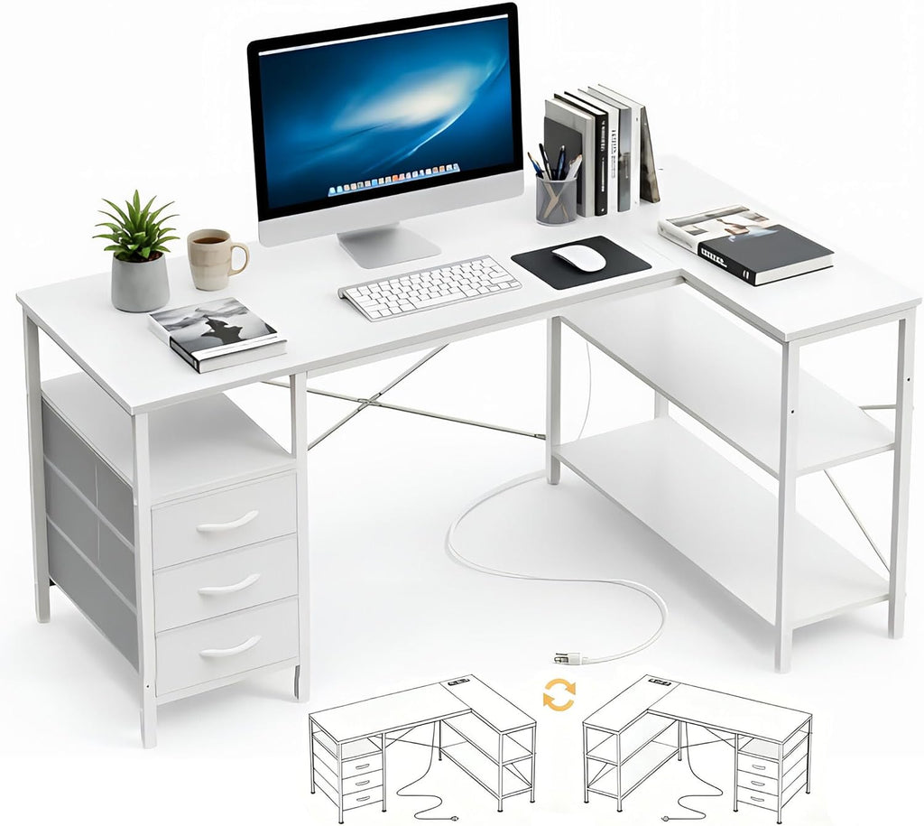 Alpen L Shaped Gaming Desk with Power Outlets, 47 Inch Computer Desk with 3 Drawers and Shelves, Corner Desk for Gaming, Study Writing PC Table with Storage and Reversible Shelf, White
