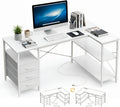 Alpen L Shaped Gaming Desk with Power Outlets, 47 Inch Computer Desk with 3 Drawers and Shelves, Corner Desk for Gaming, Study Writing PC Table with Storage and Reversible Shelf, White