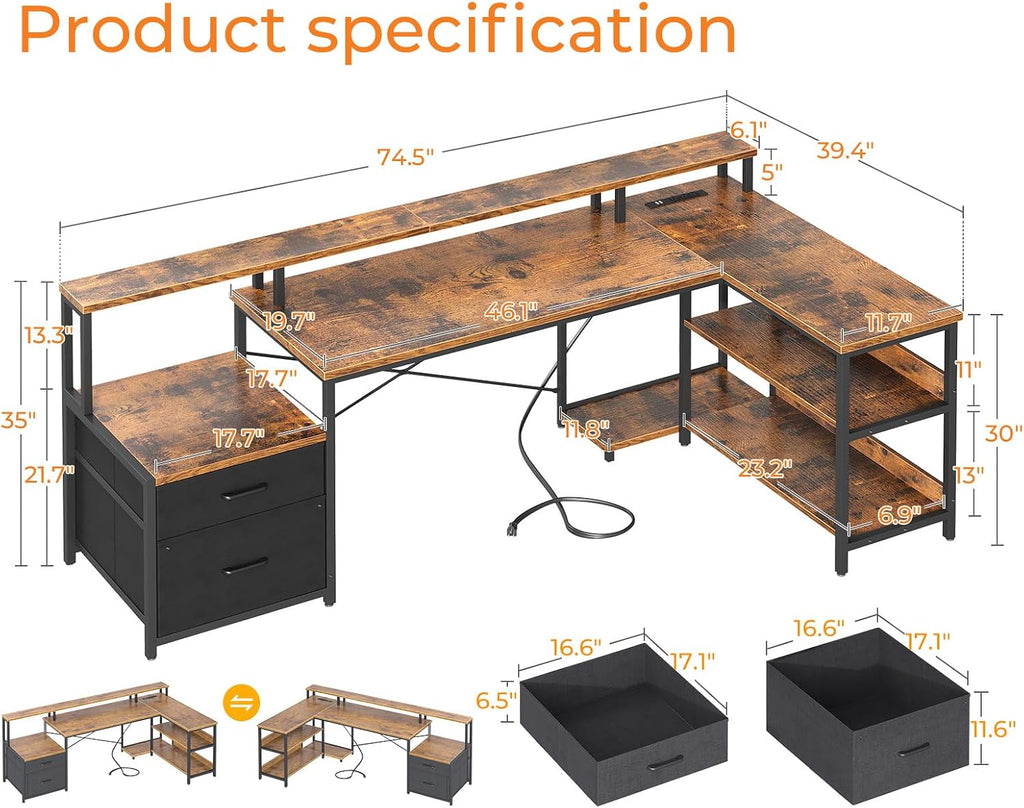 ODK 75' L Shaped Desk with File Drawers, Work from Home Office Desk with Power Outlet, Reversible Computer Desk with Storage Shelves, Gaming Desk with Monitor Shelf, Corner WFM Table, Vintage