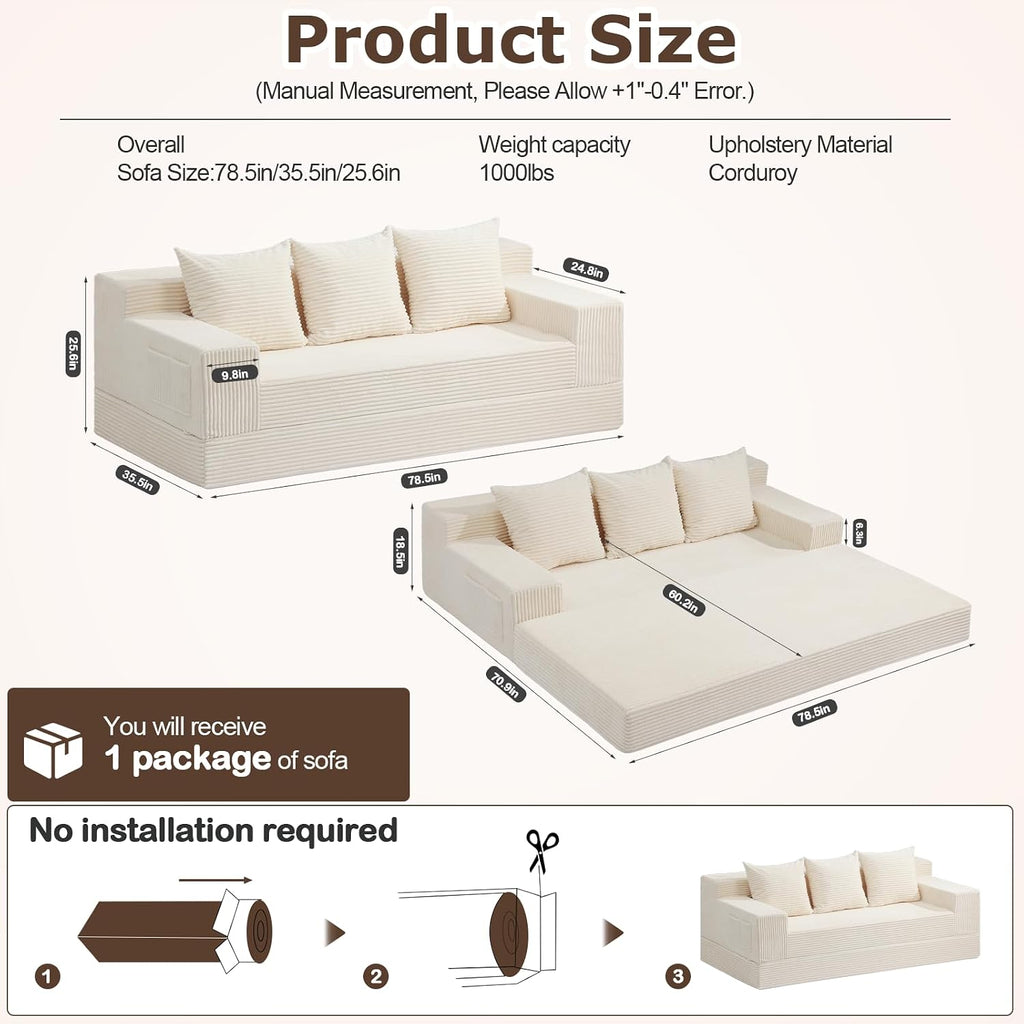 cidludto Convertible Sofa Bed, 78' Oversized Boneless Loveseat Couch 2 in 1 Foldable Futn Bed Couch in A Box, Folding Sleeper Sofa Chair for Living Room, No Assembly Required, Beige