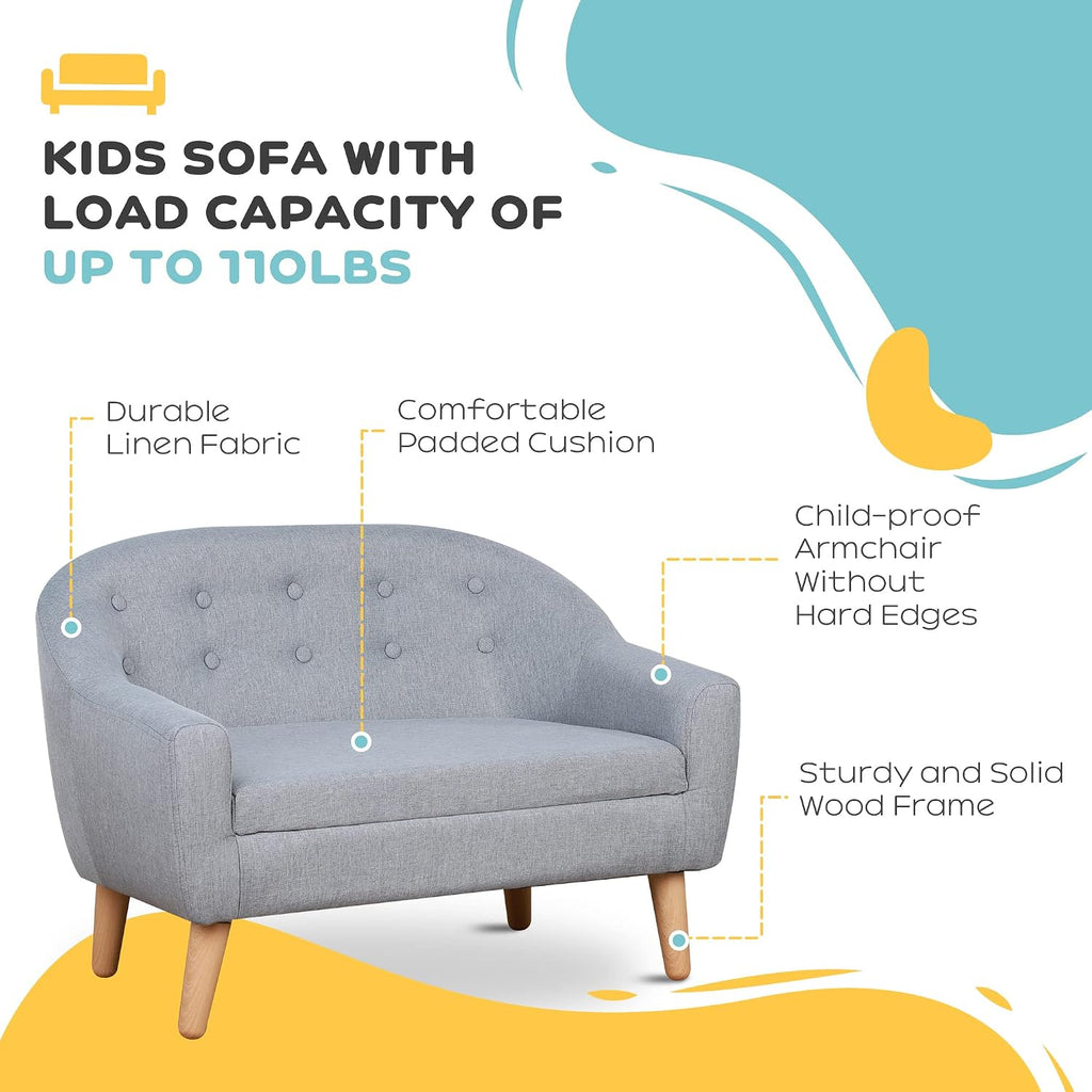 Qaba 2-Seat Kids Sofa, Toddler Sofa Couch, Linen-Like Fabric and Wooden Frame Sofa Chair for Ages 3-7, 11' High Seat, Gray