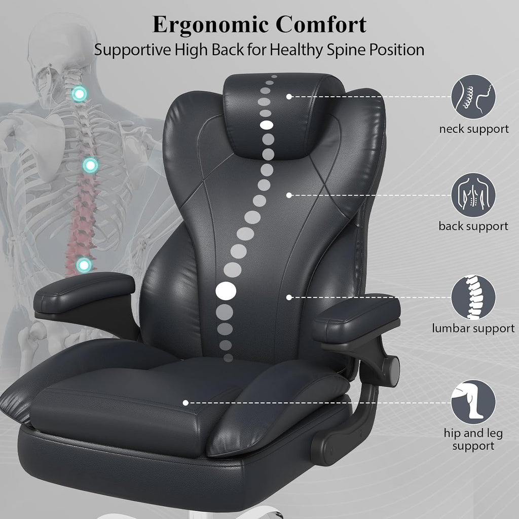 Office Desk Chair, Executive Leather Office Chair, High Back Ergonomic Home Desk Chair with Padded Flip-up Arms, Big and Tall Computer Chair with Rocking Function, 360°Swivel Free, Black